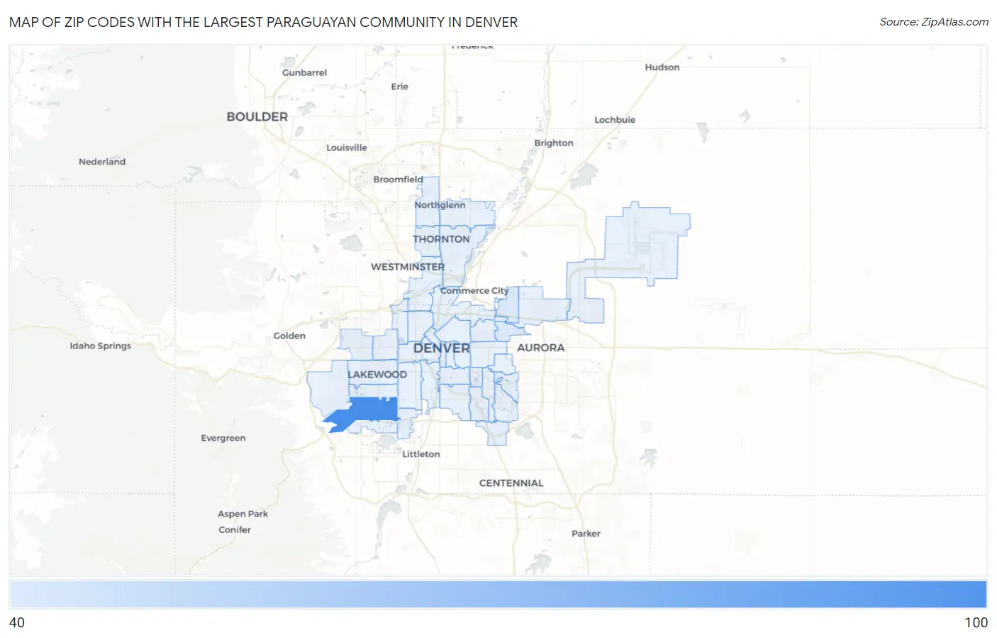 Zip Codes with the Largest Paraguayan Community in Denver Map