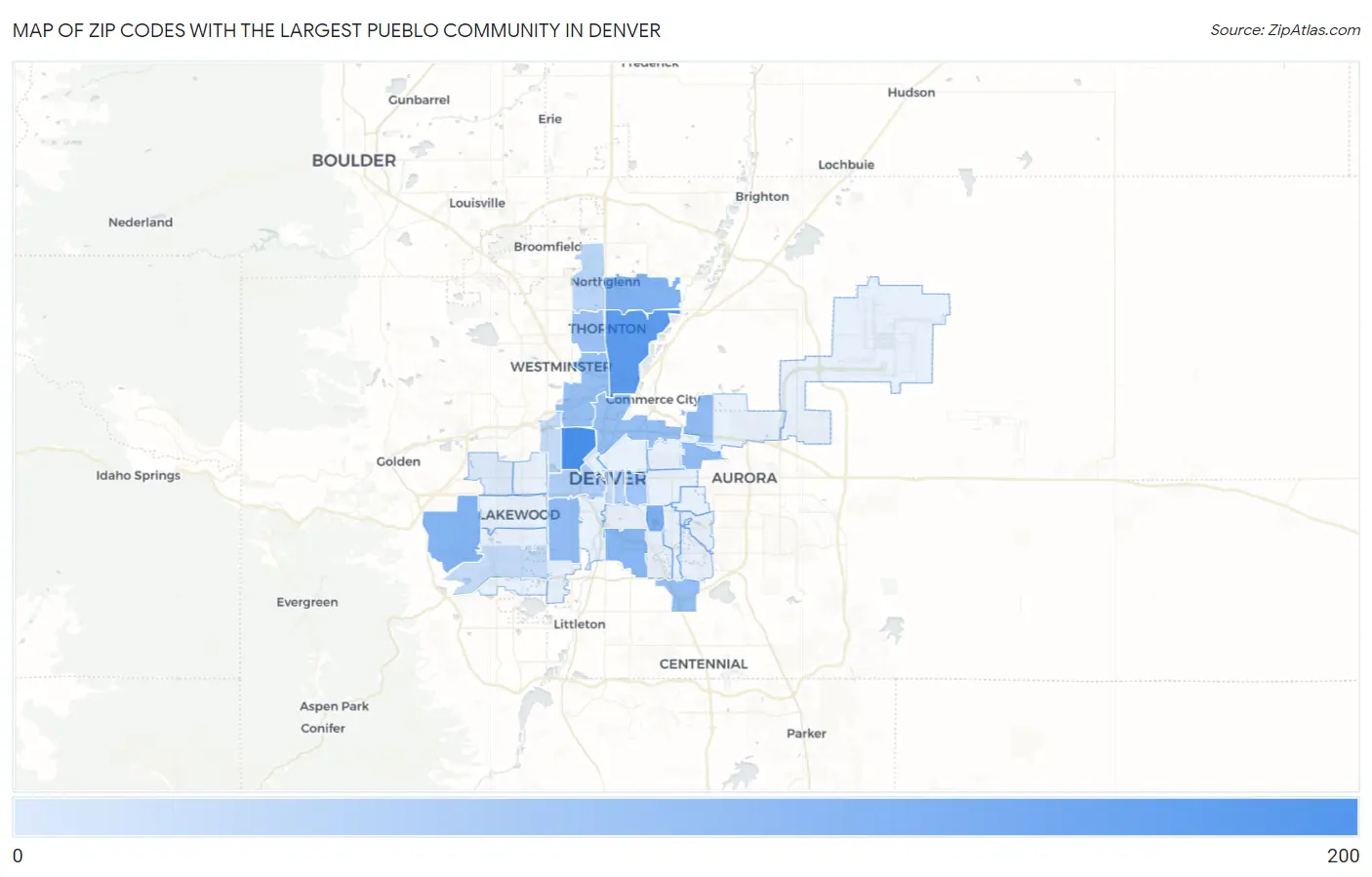 Zip Codes with the Largest Pueblo Community in Denver Map