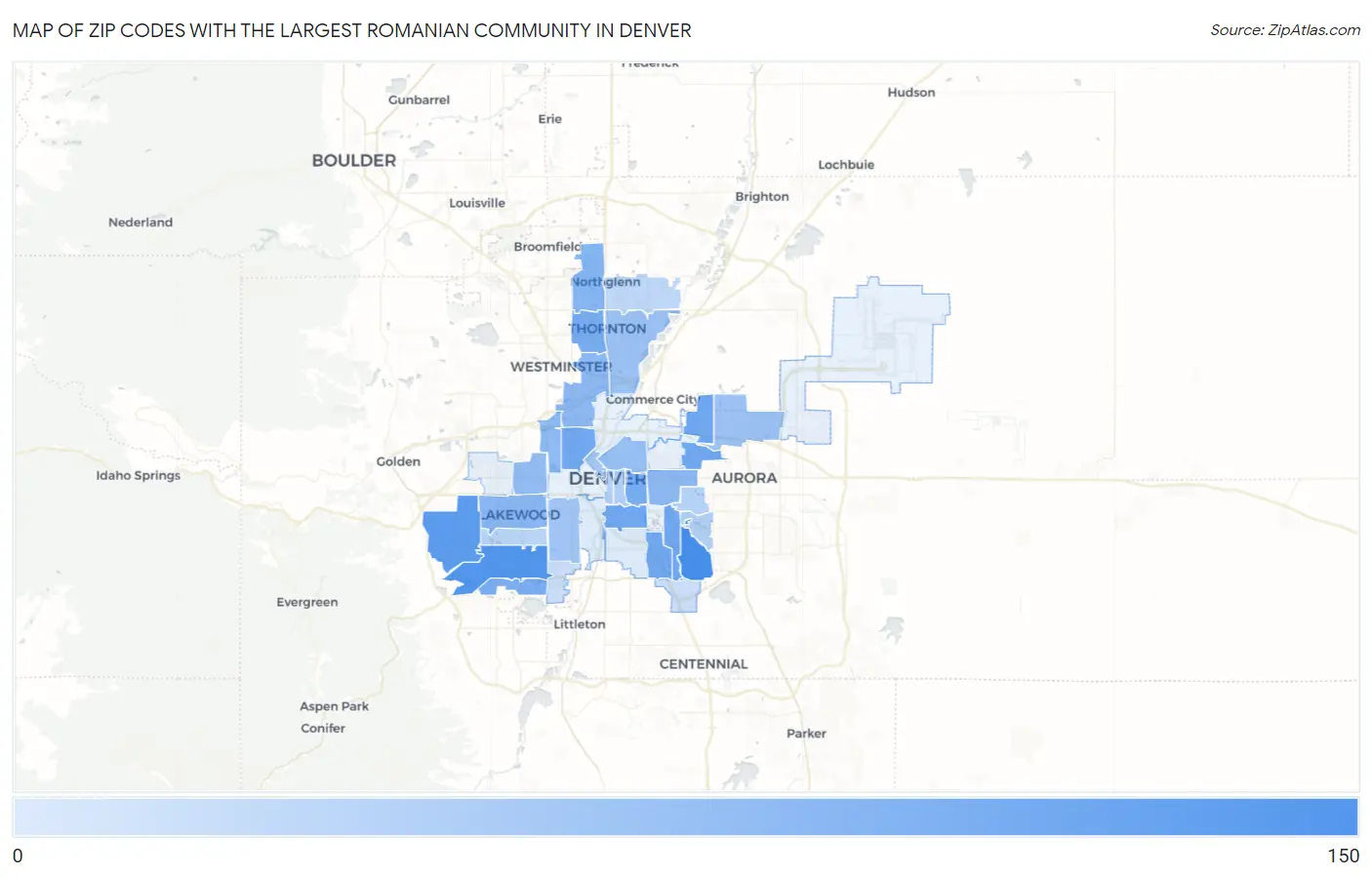Zip Codes with the Largest Romanian Community in Denver Map