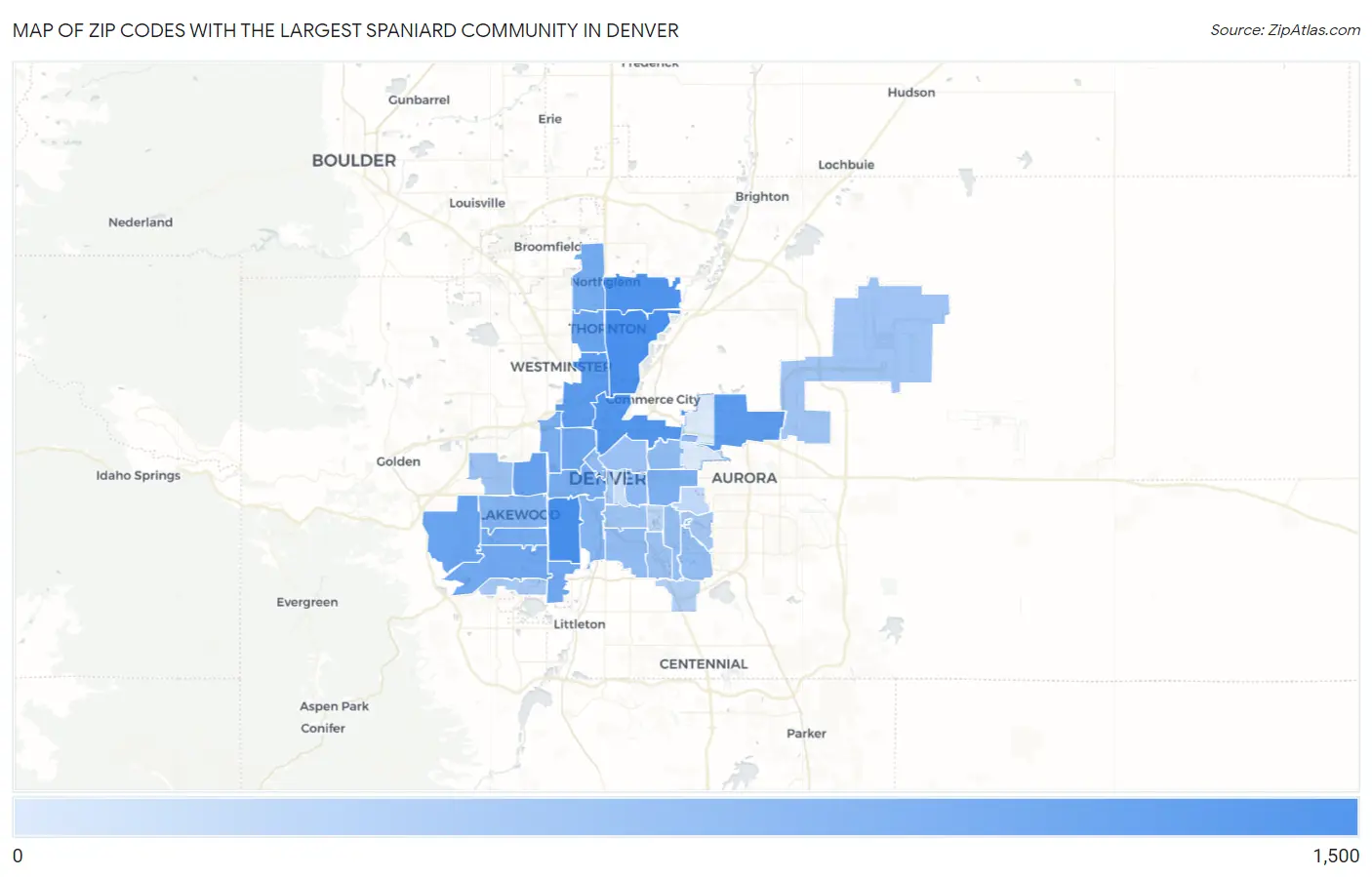 Zip Codes with the Largest Spaniard Community in Denver Map