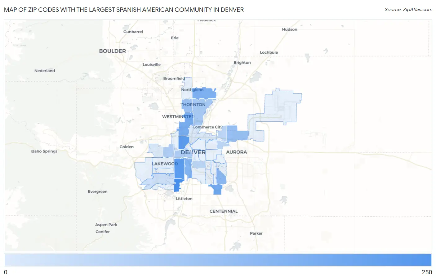 Zip Codes with the Largest Spanish American Community in Denver Map