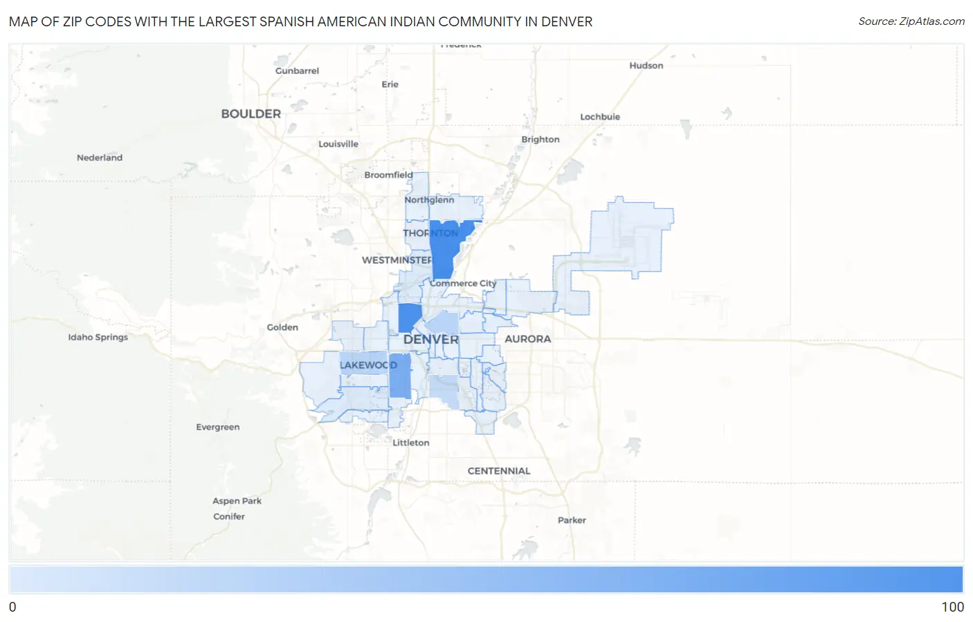 Zip Codes with the Largest Spanish American Indian Community in Denver Map