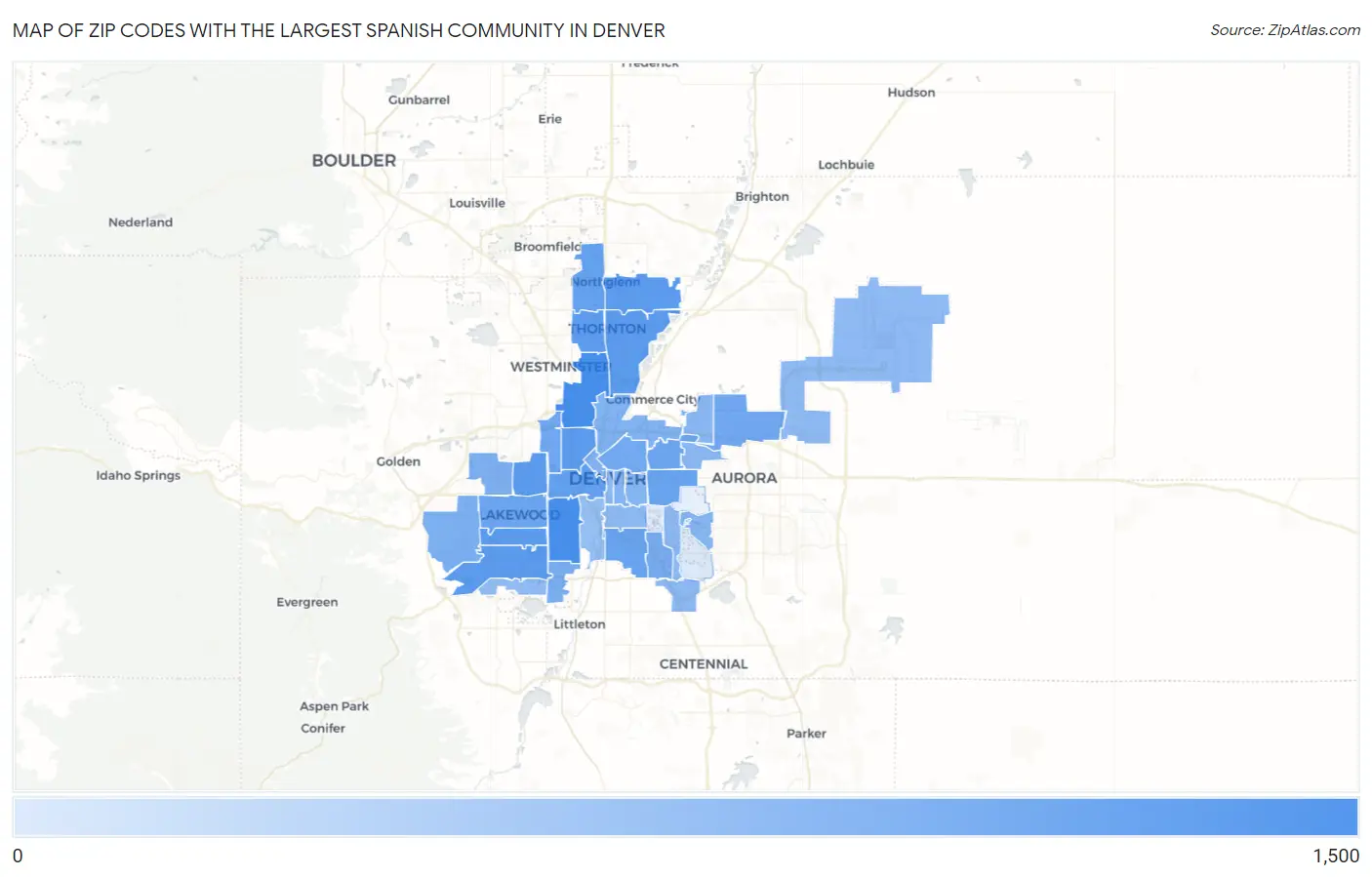 Zip Codes with the Largest Spanish Community in Denver Map