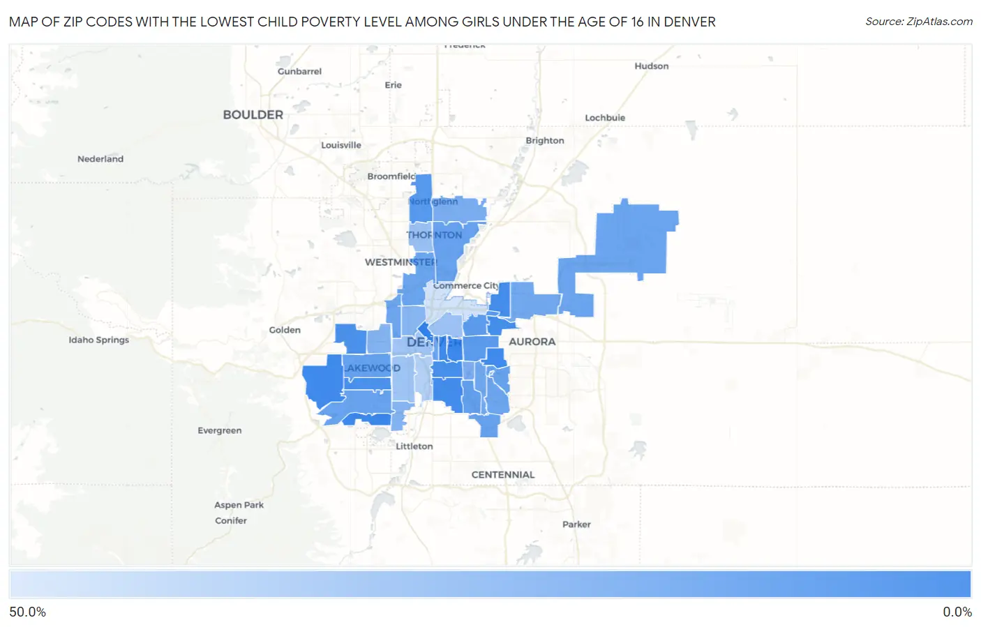 Zip Codes with the Lowest Child Poverty Level Among Girls Under the Age of 16 in Denver Map