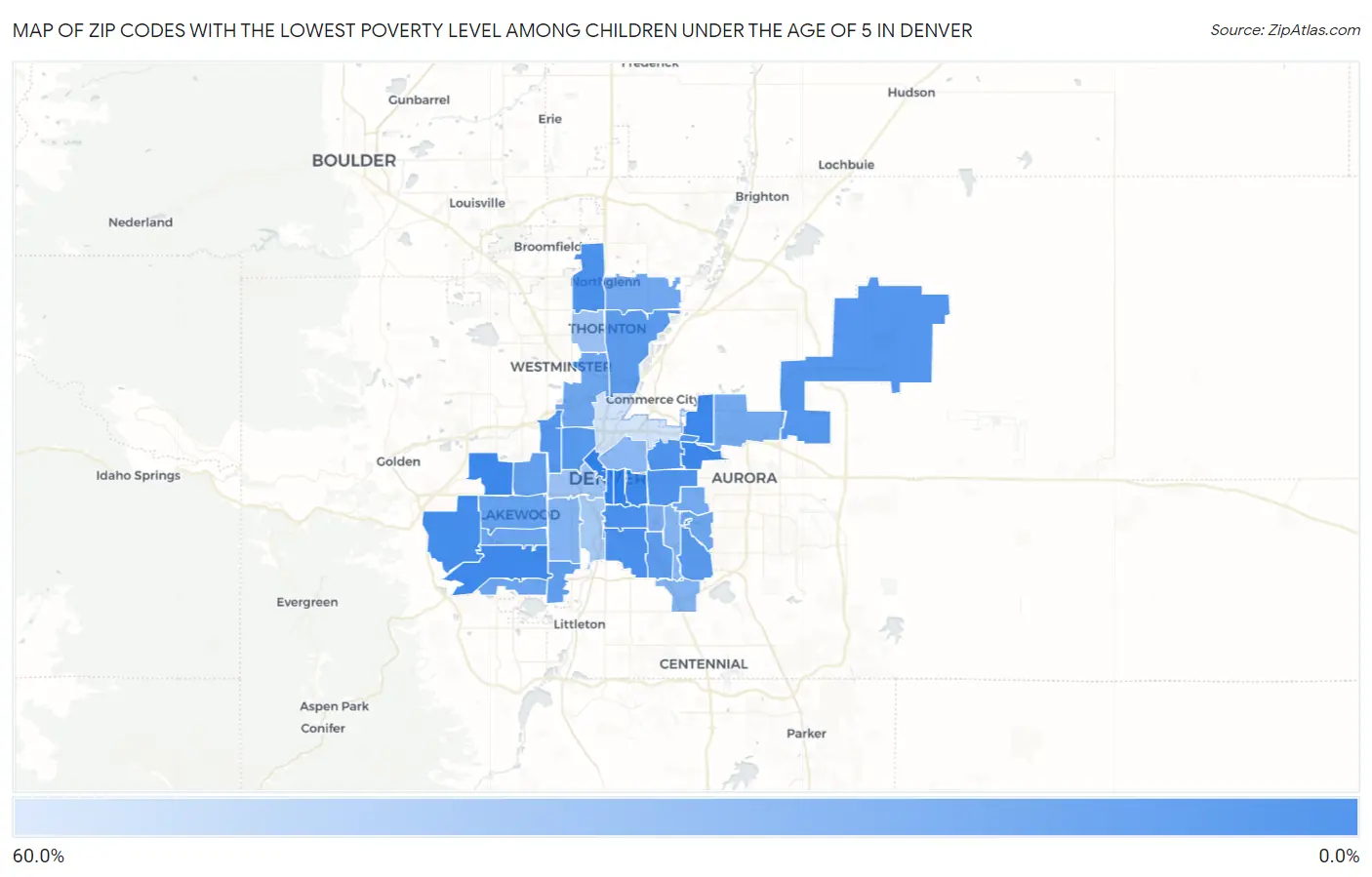 Zip Codes with the Lowest Poverty Level Among Children Under the Age of 5 in Denver Map