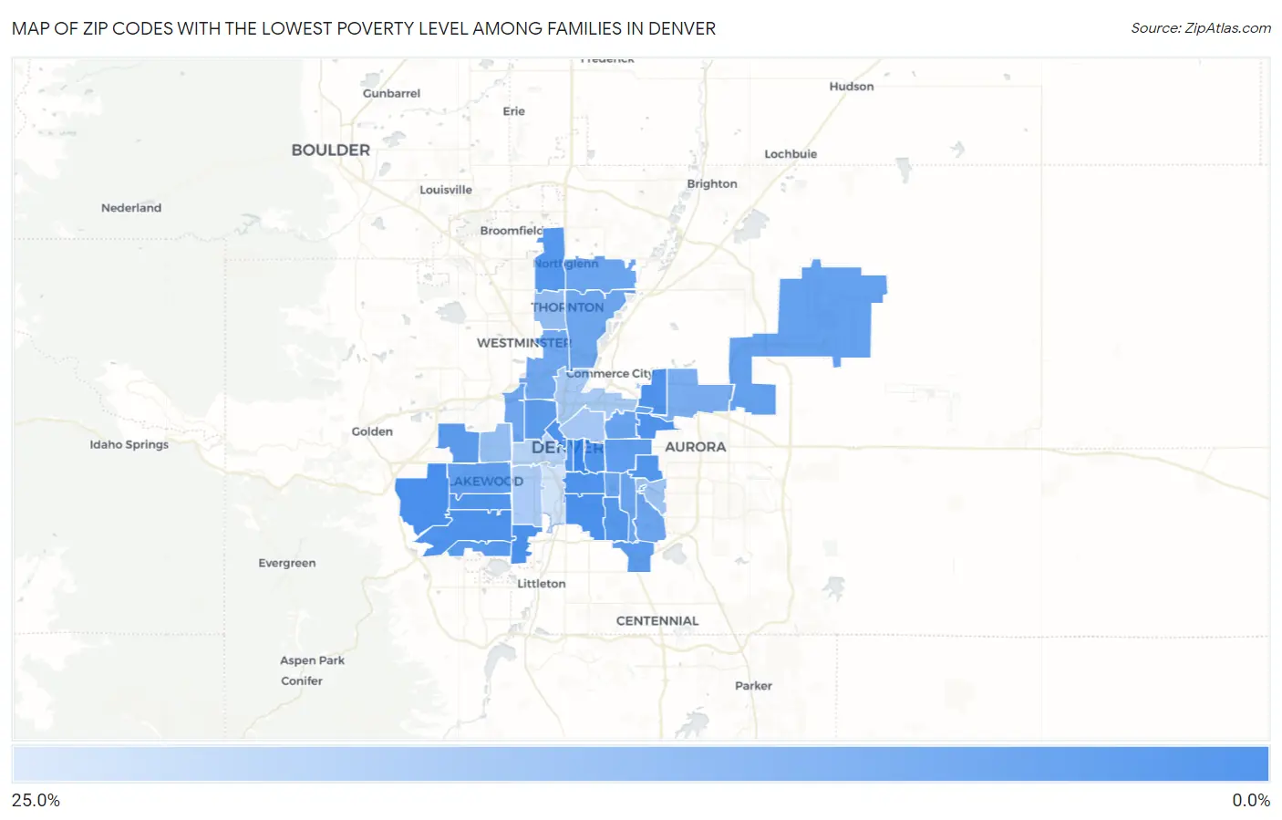 Zip Codes with the Lowest Poverty Level Among Families in Denver Map