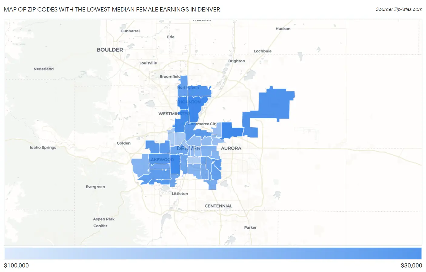 Zip Codes with the Lowest Median Female Earnings in Denver Map