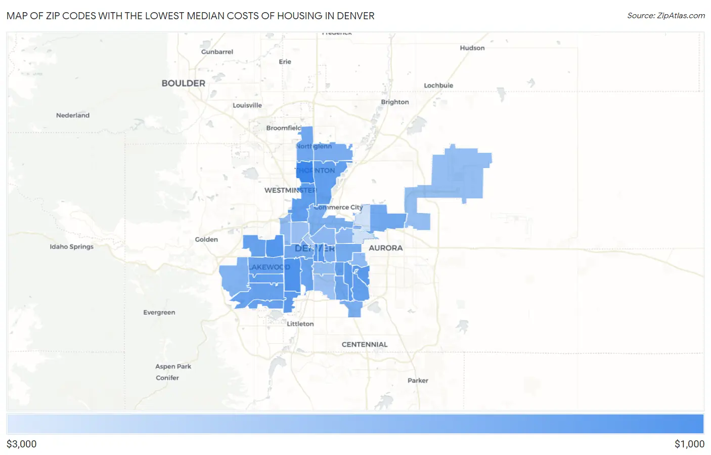 Zip Codes with the Lowest Median Costs of Housing in Denver Map