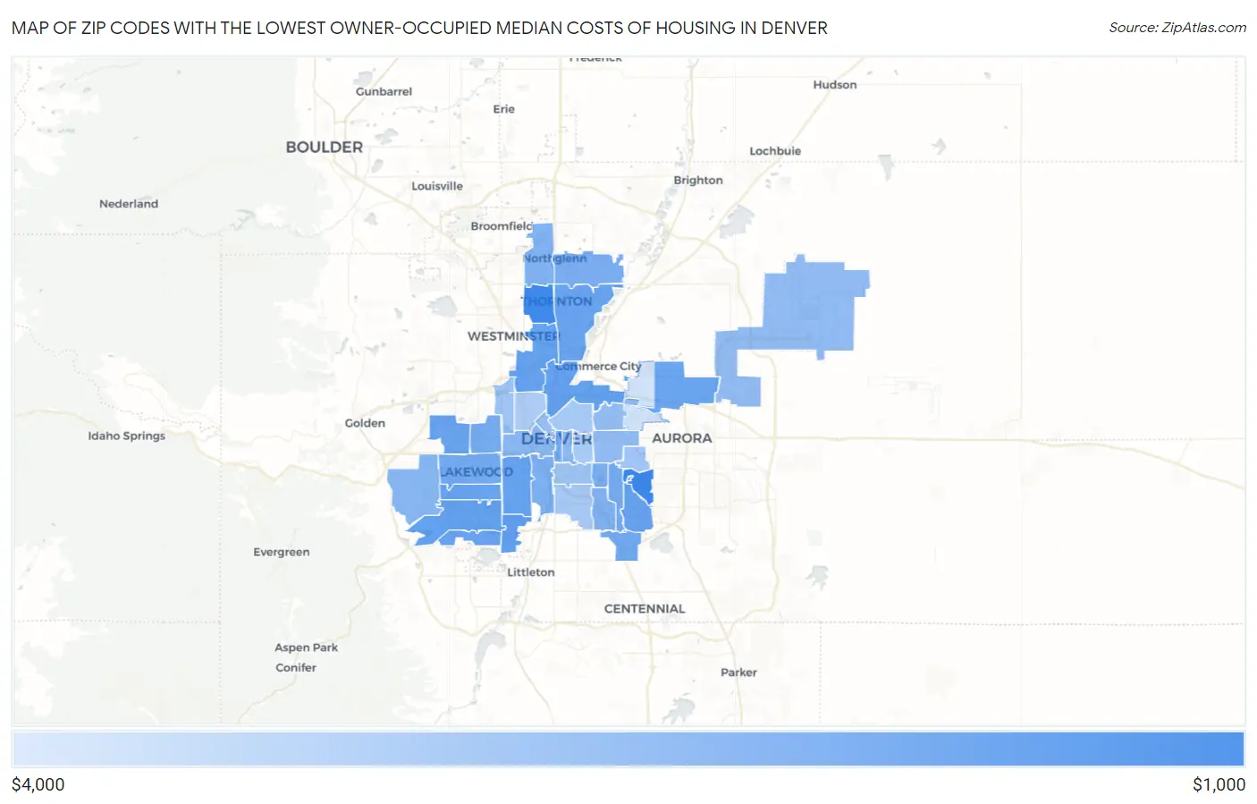Zip Codes with the Lowest Owner-Occupied Median Costs of Housing in Denver Map