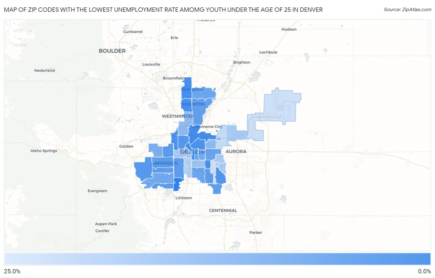 Zip Codes with the Lowest Unemployment Rate Amomg Youth Under the Age of 25 in Denver Map