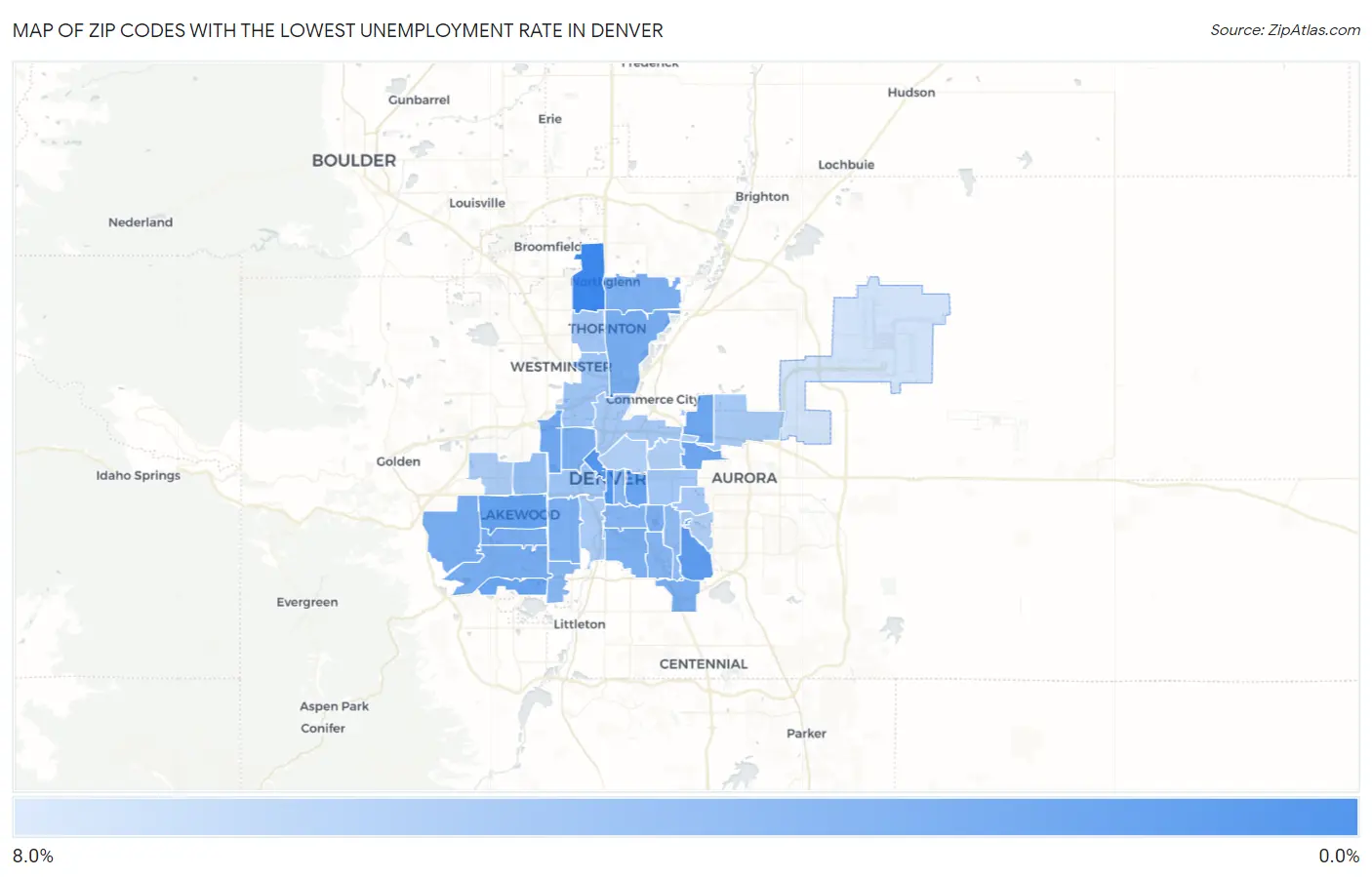 Zip Codes with the Lowest Unemployment Rate in Denver Map