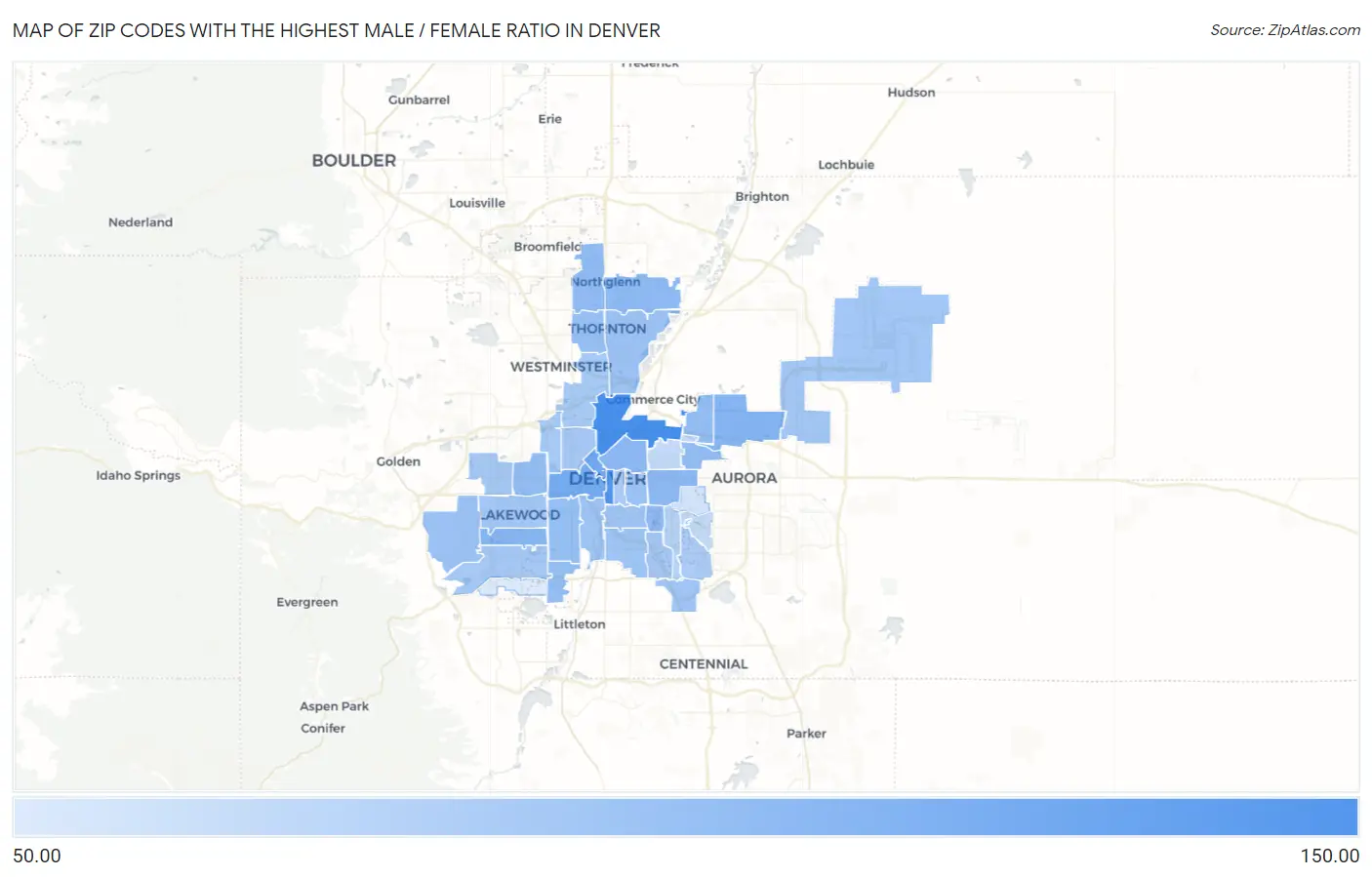 Zip Codes with the Highest Male / Female Ratio in Denver Map
