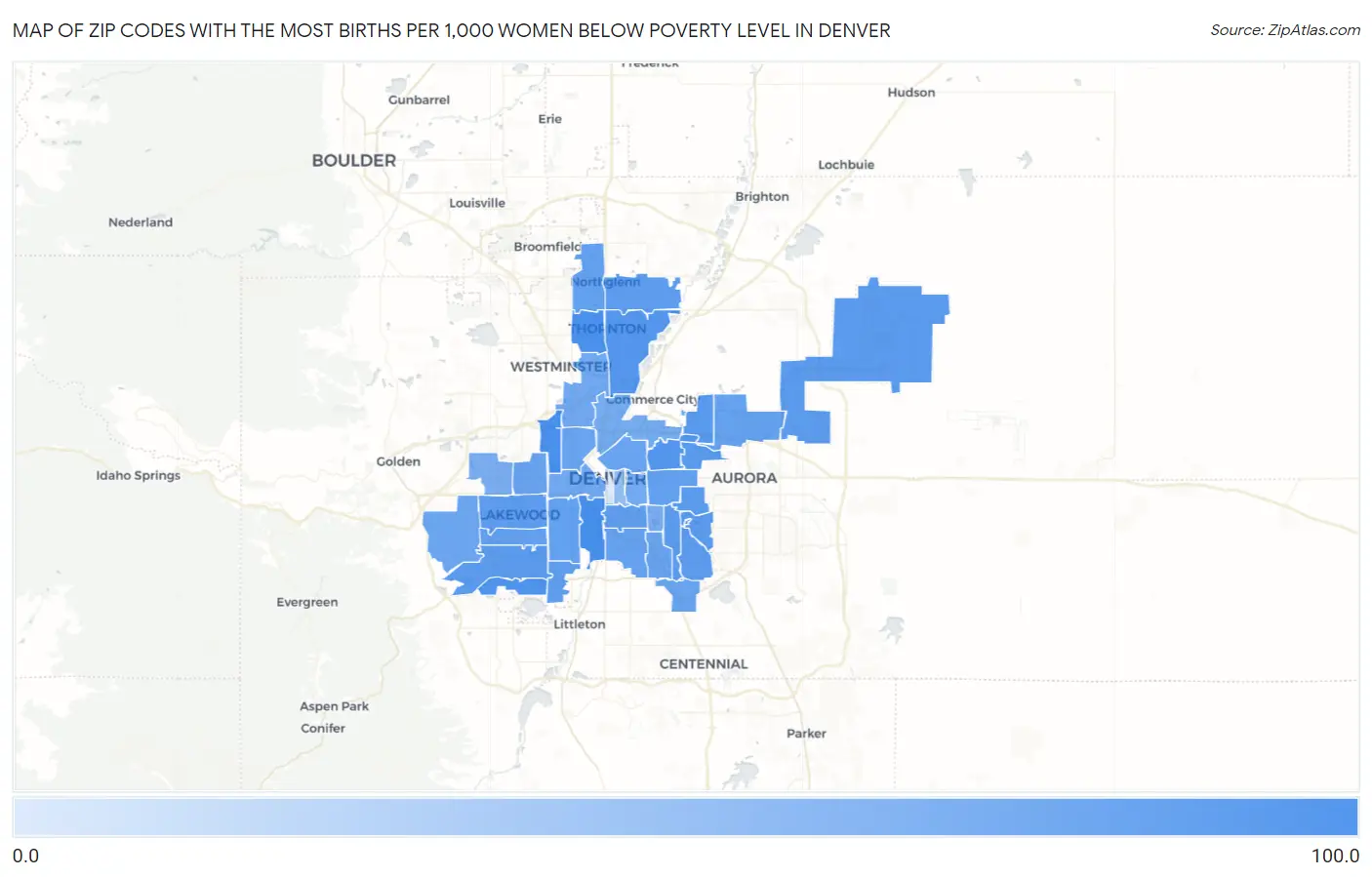 Zip Codes with the Most Births per 1,000 Women Below Poverty Level in Denver Map