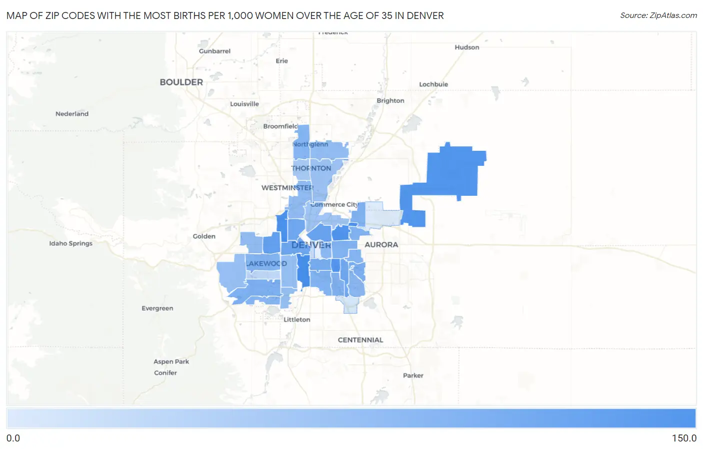 Zip Codes with the Most Births per 1,000 Women Over the Age of 35 in Denver Map