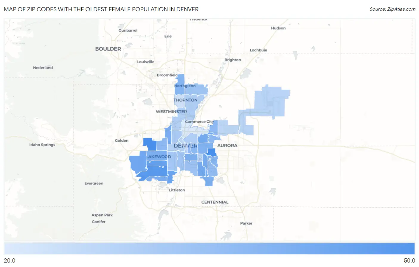 Zip Codes with the Oldest Female Population in Denver Map