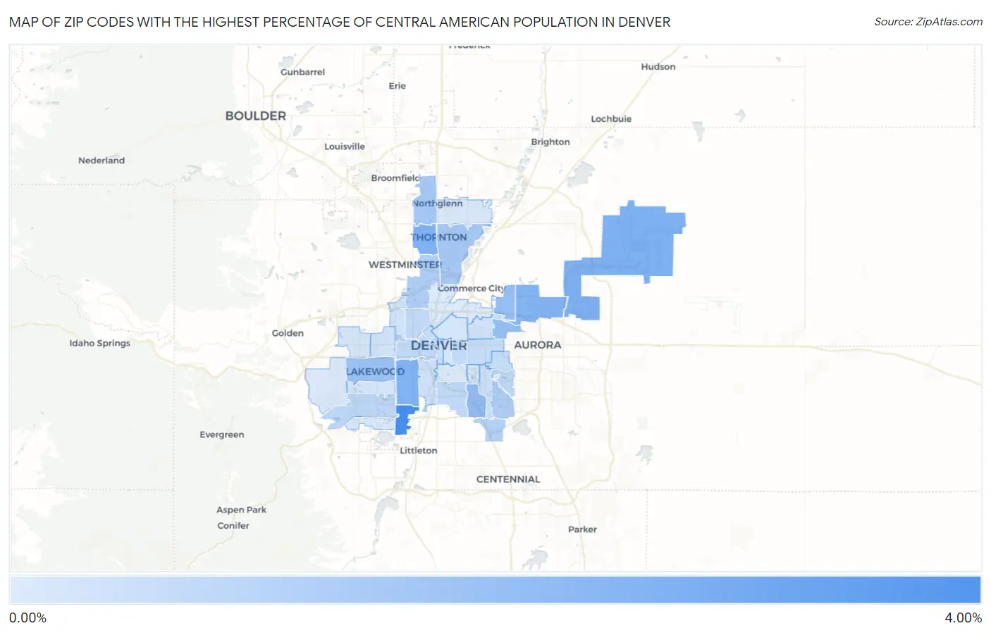 Zip Codes with the Highest Percentage of Central American Population in Denver Map