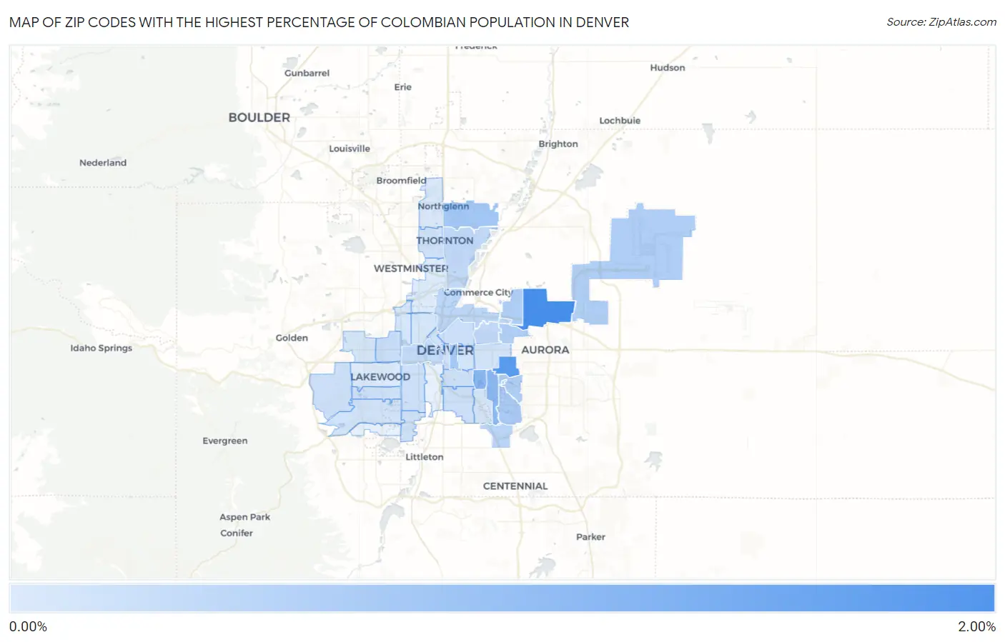 Zip Codes with the Highest Percentage of Colombian Population in Denver Map