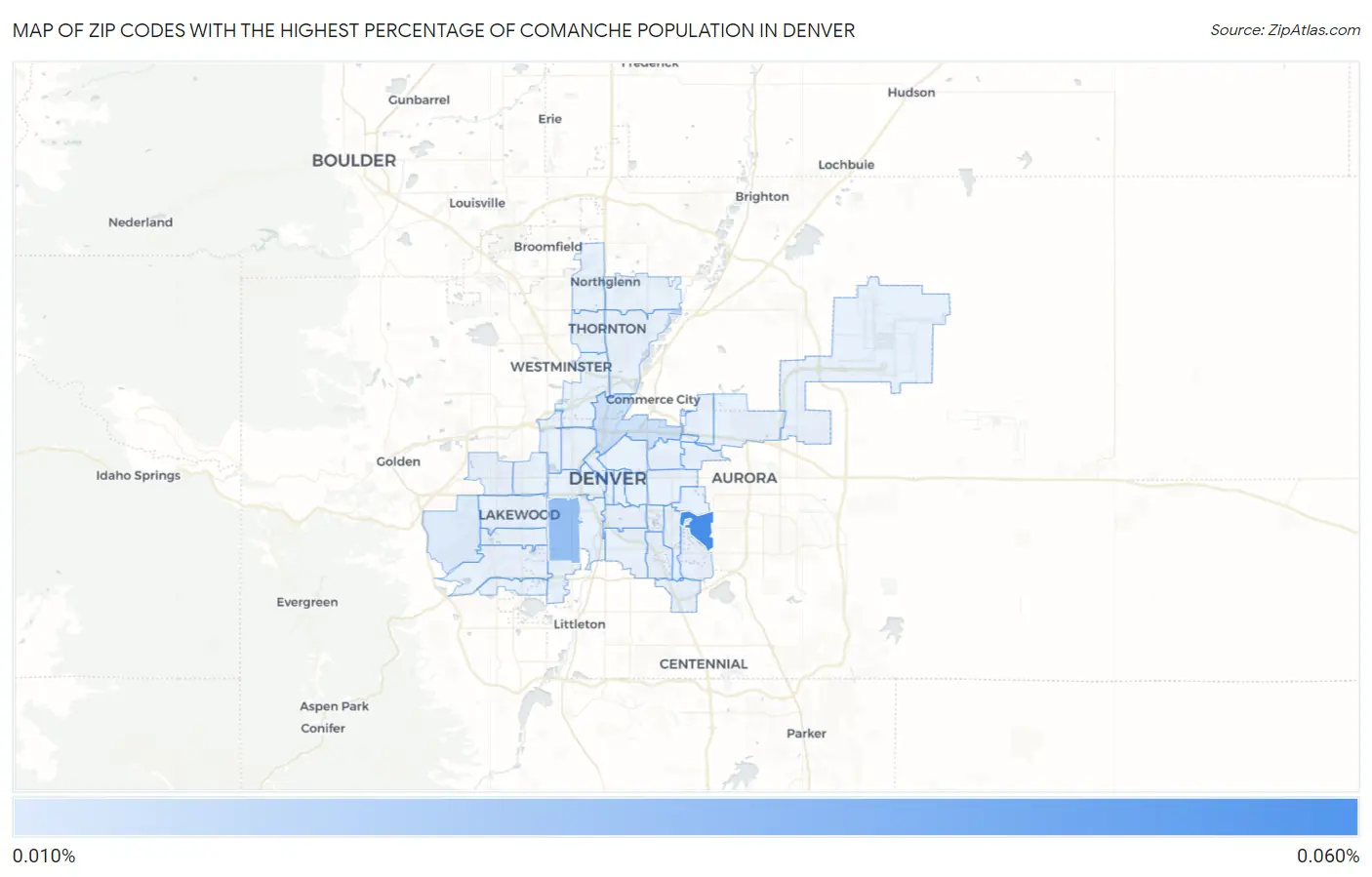 Zip Codes with the Highest Percentage of Comanche Population in Denver Map