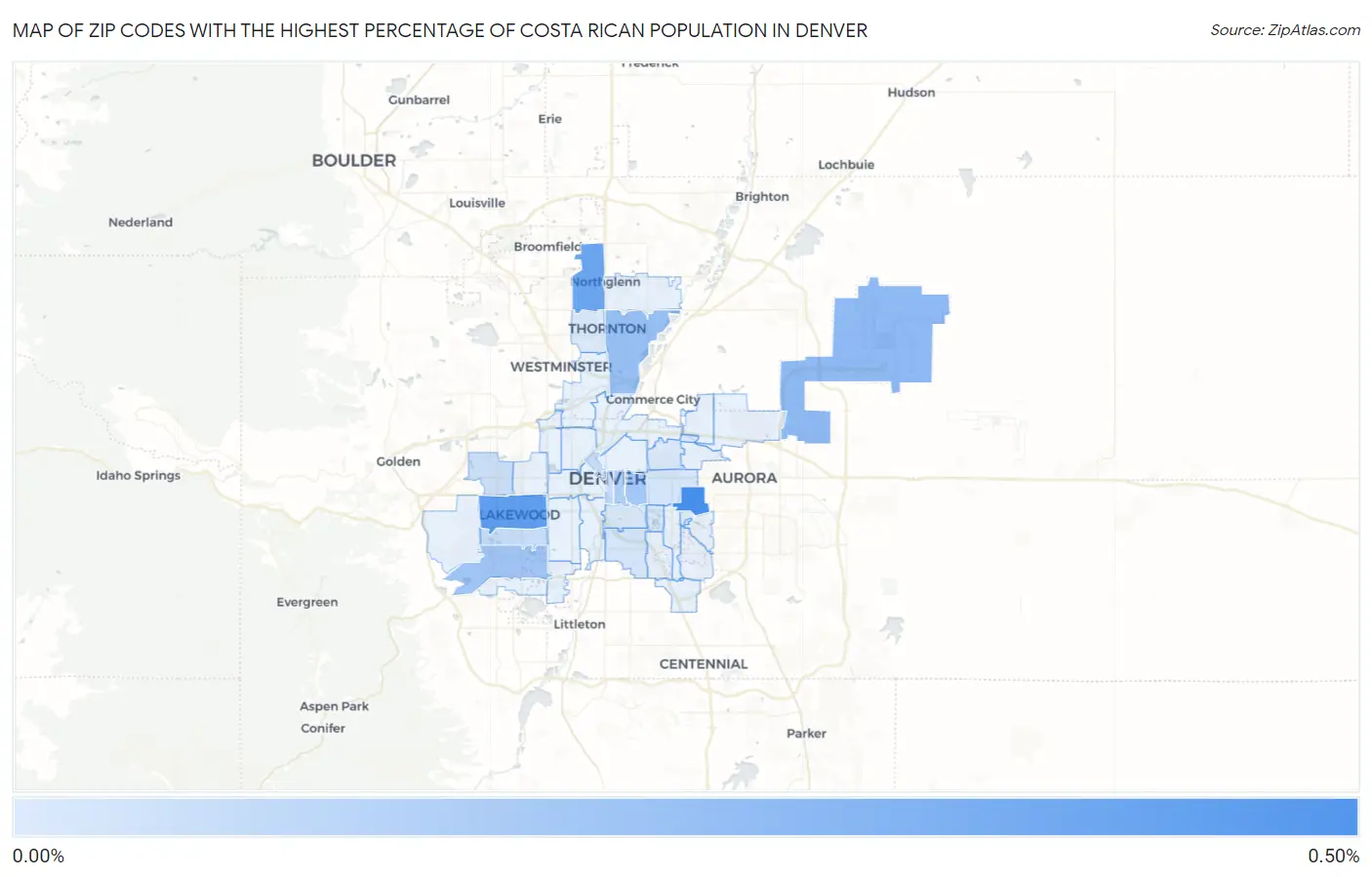 Zip Codes with the Highest Percentage of Costa Rican Population in Denver Map