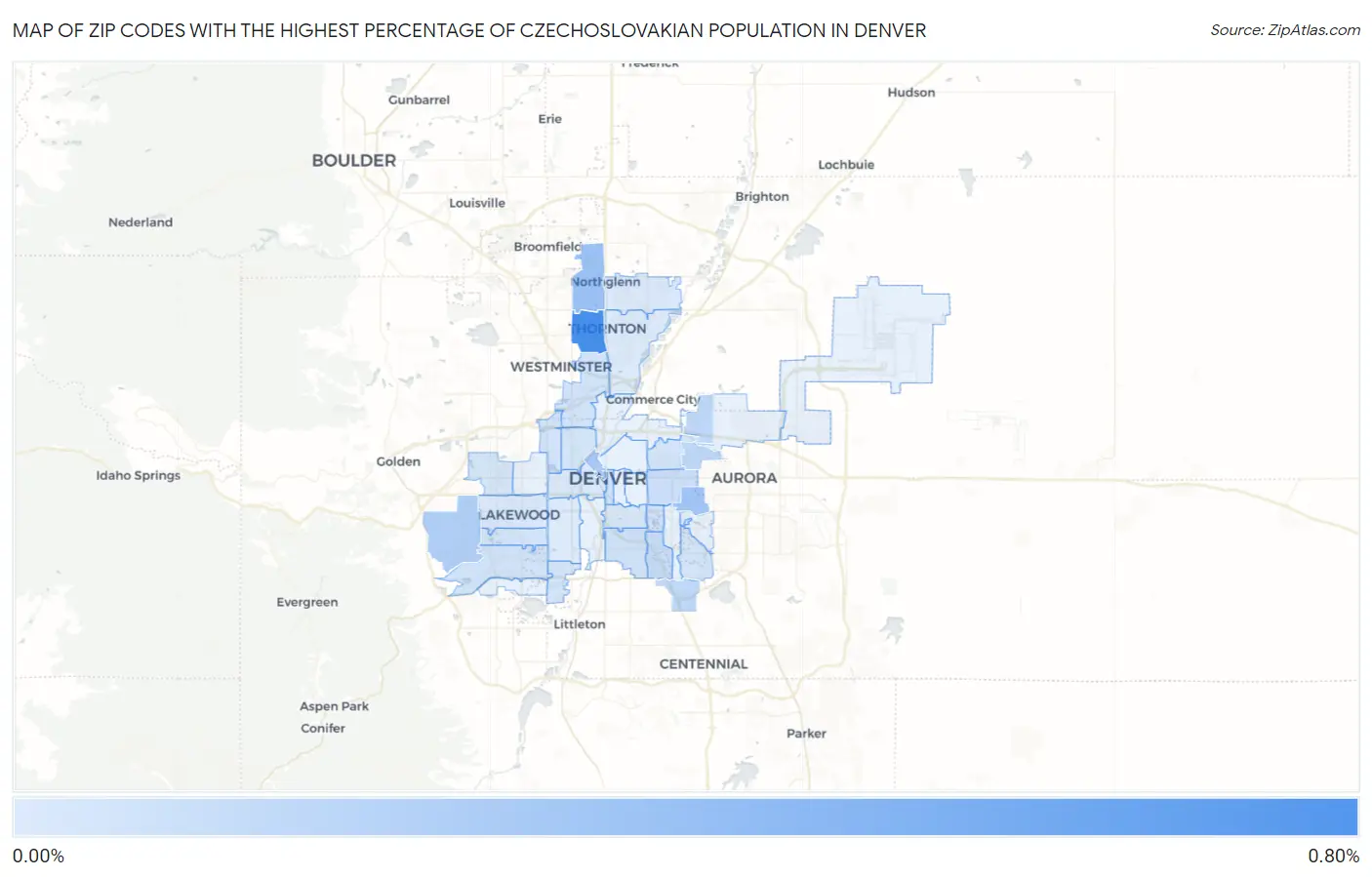 Zip Codes with the Highest Percentage of Czechoslovakian Population in Denver Map