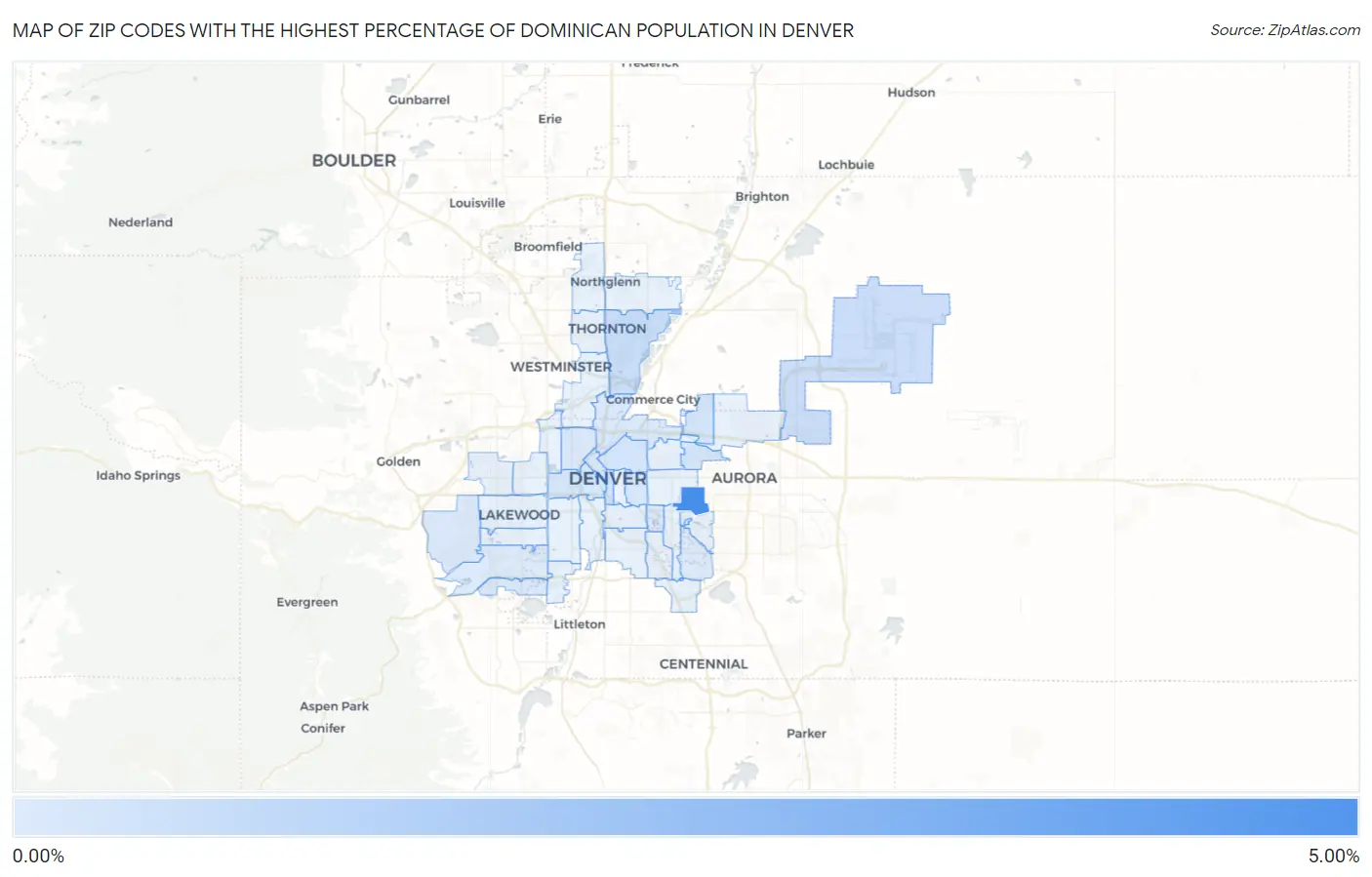Zip Codes with the Highest Percentage of Dominican Population in Denver Map