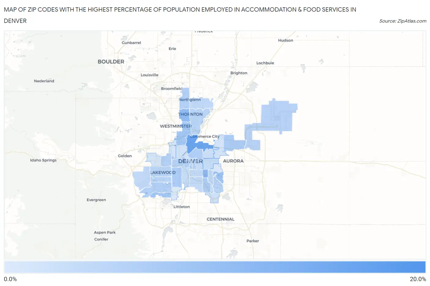 Zip Codes with the Highest Percentage of Population Employed in Accommodation & Food Services in Denver Map