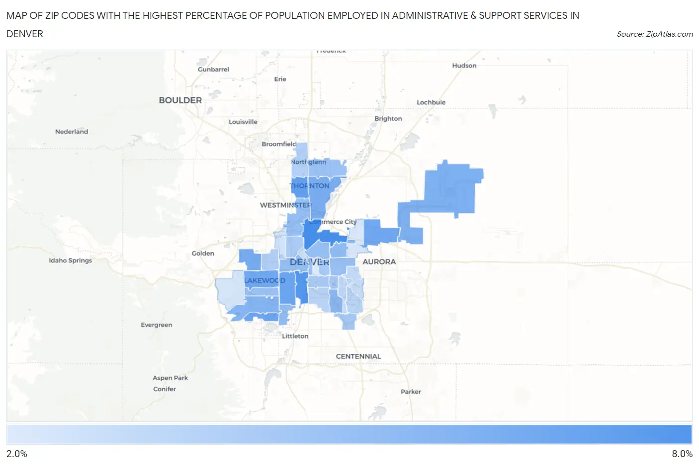 Zip Codes with the Highest Percentage of Population Employed in Administrative & Support Services in Denver Map