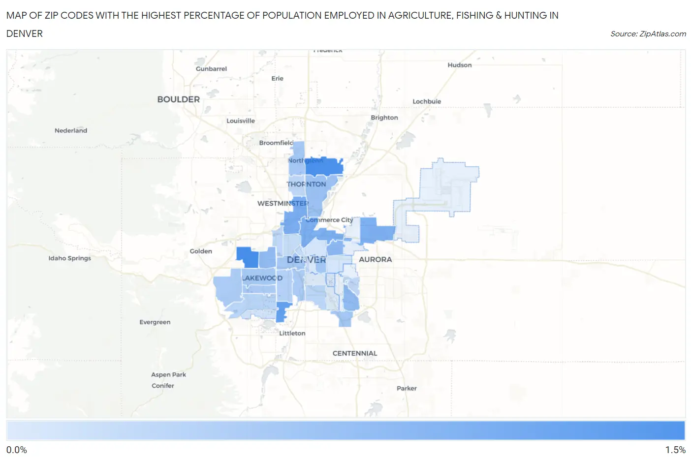 Zip Codes with the Highest Percentage of Population Employed in Agriculture, Fishing & Hunting in Denver Map