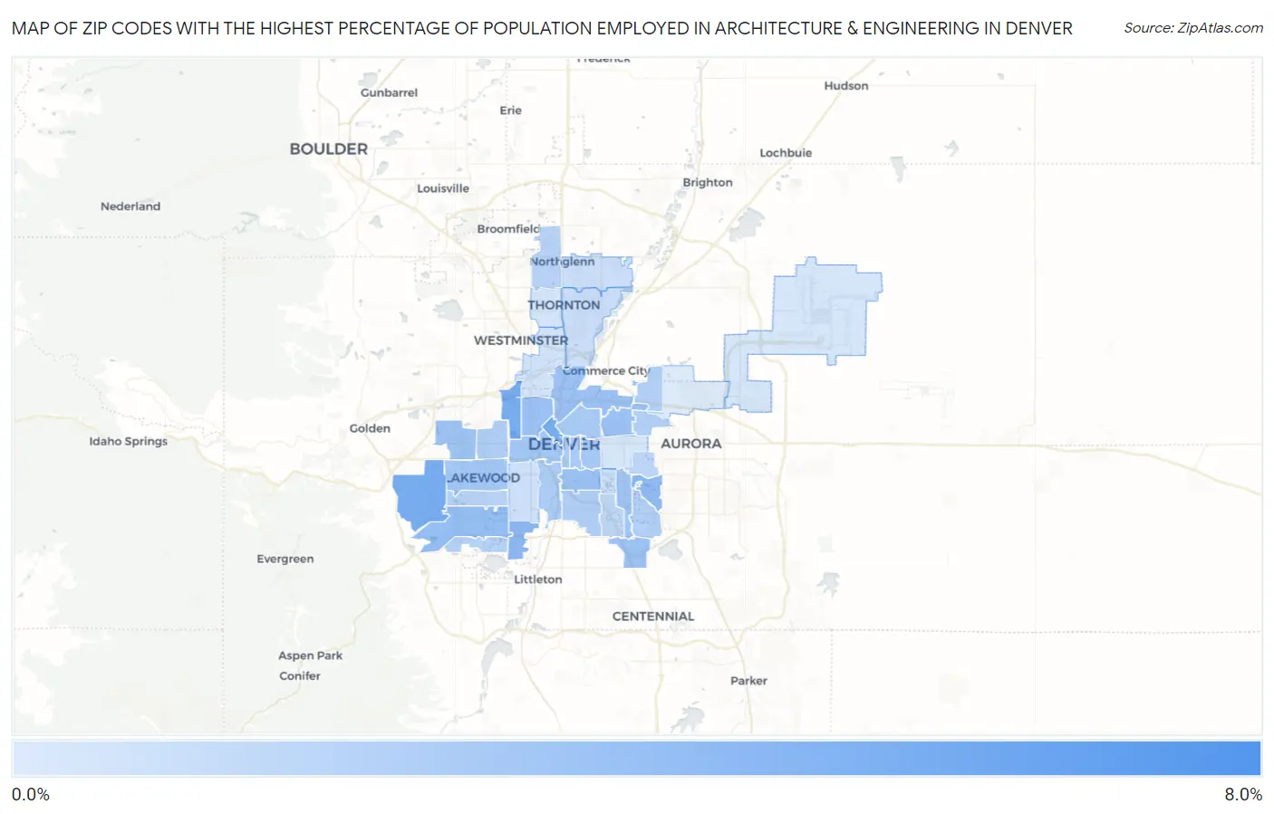Zip Codes with the Highest Percentage of Population Employed in Architecture & Engineering in Denver Map
