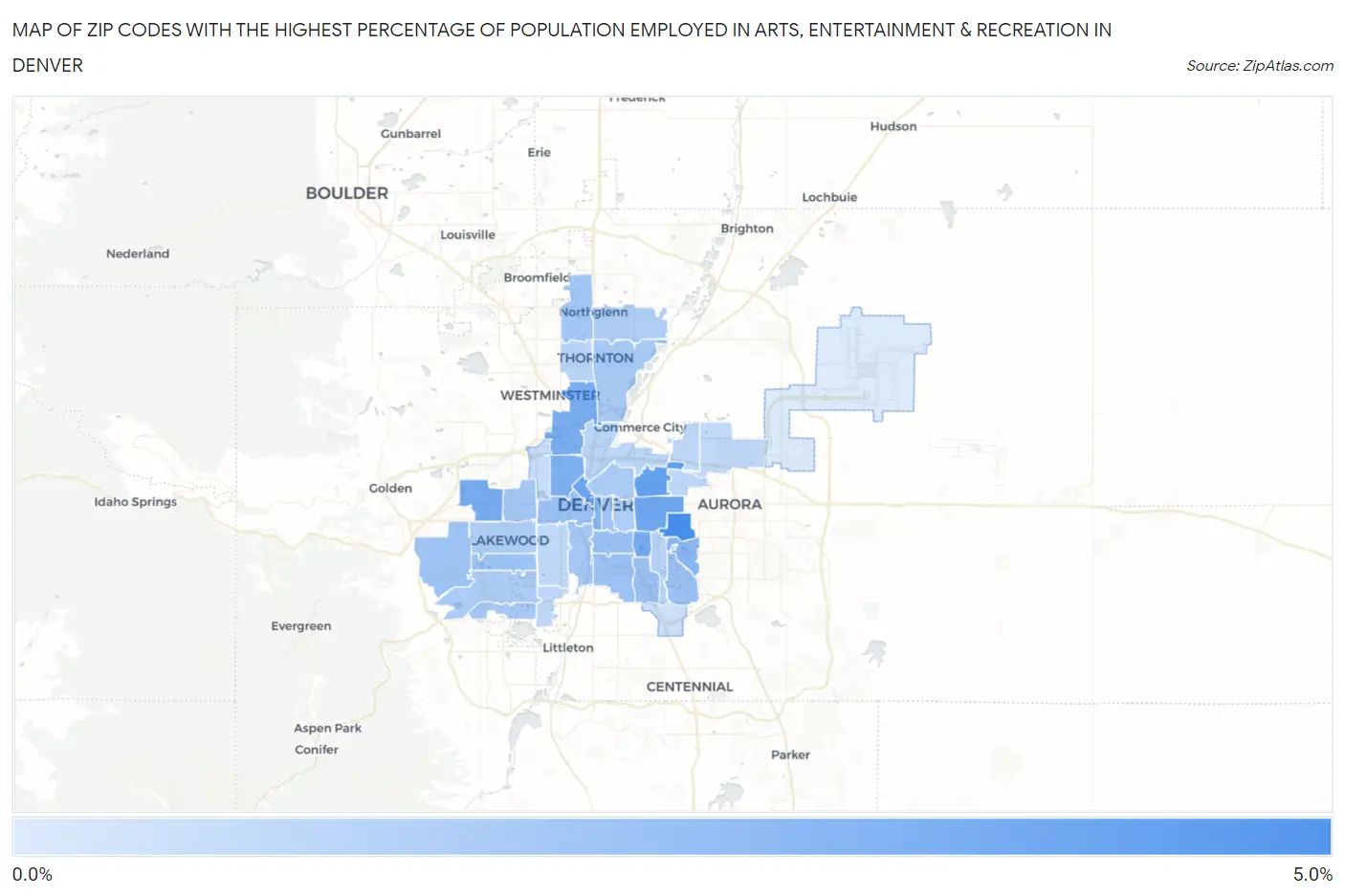 Zip Codes with the Highest Percentage of Population Employed in Arts, Entertainment & Recreation in Denver Map