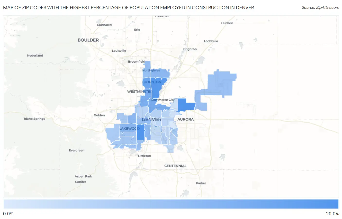 Zip Codes with the Highest Percentage of Population Employed in Construction in Denver Map
