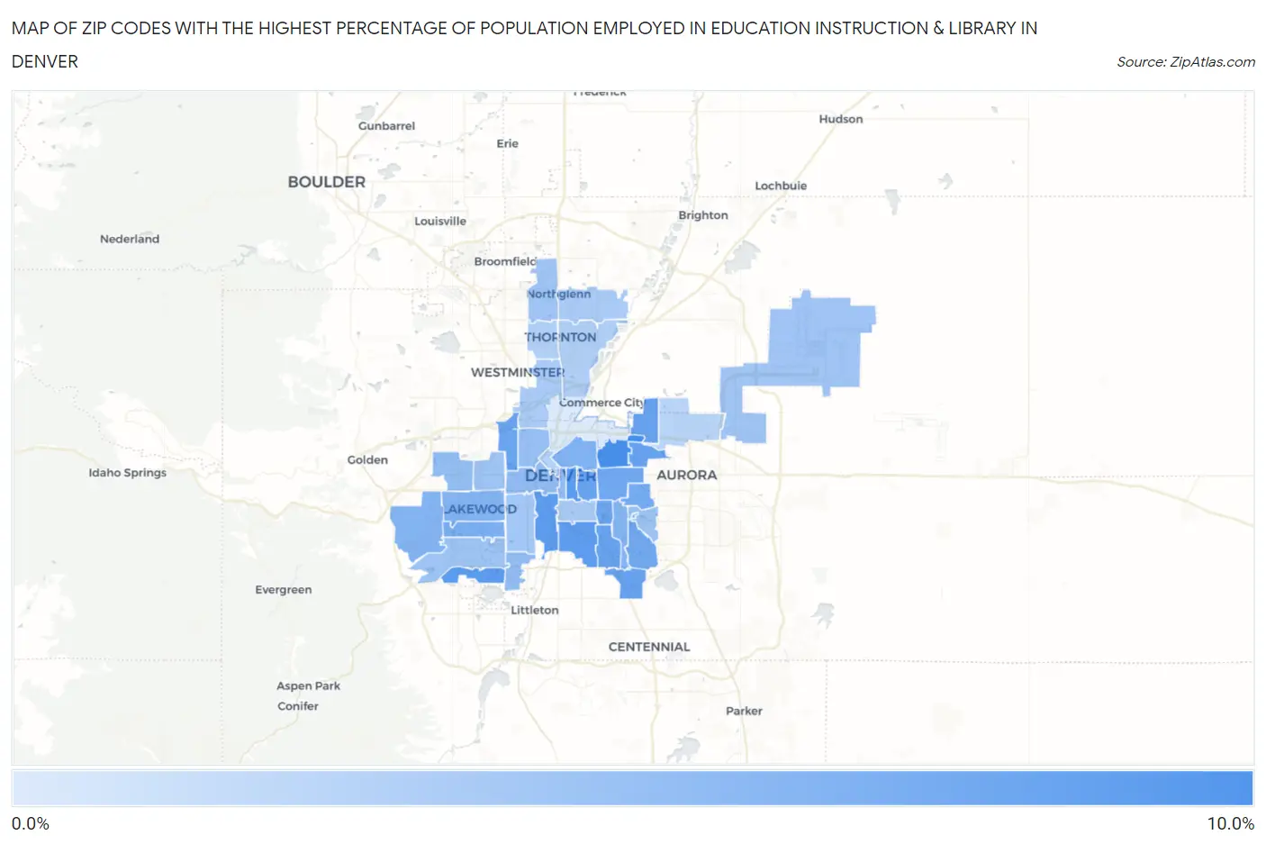 Zip Codes with the Highest Percentage of Population Employed in Education Instruction & Library in Denver Map