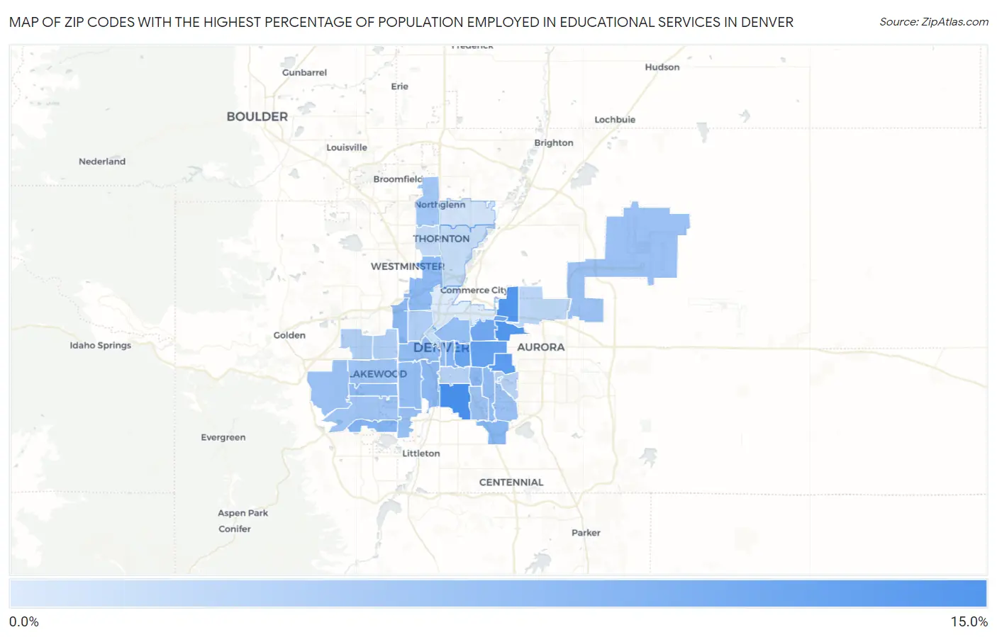 Zip Codes with the Highest Percentage of Population Employed in Educational Services in Denver Map