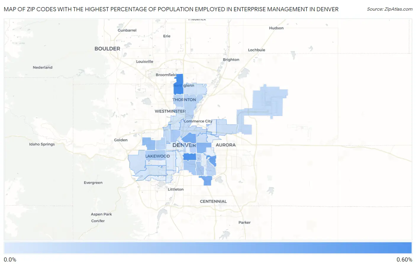 Zip Codes with the Highest Percentage of Population Employed in Enterprise Management in Denver Map