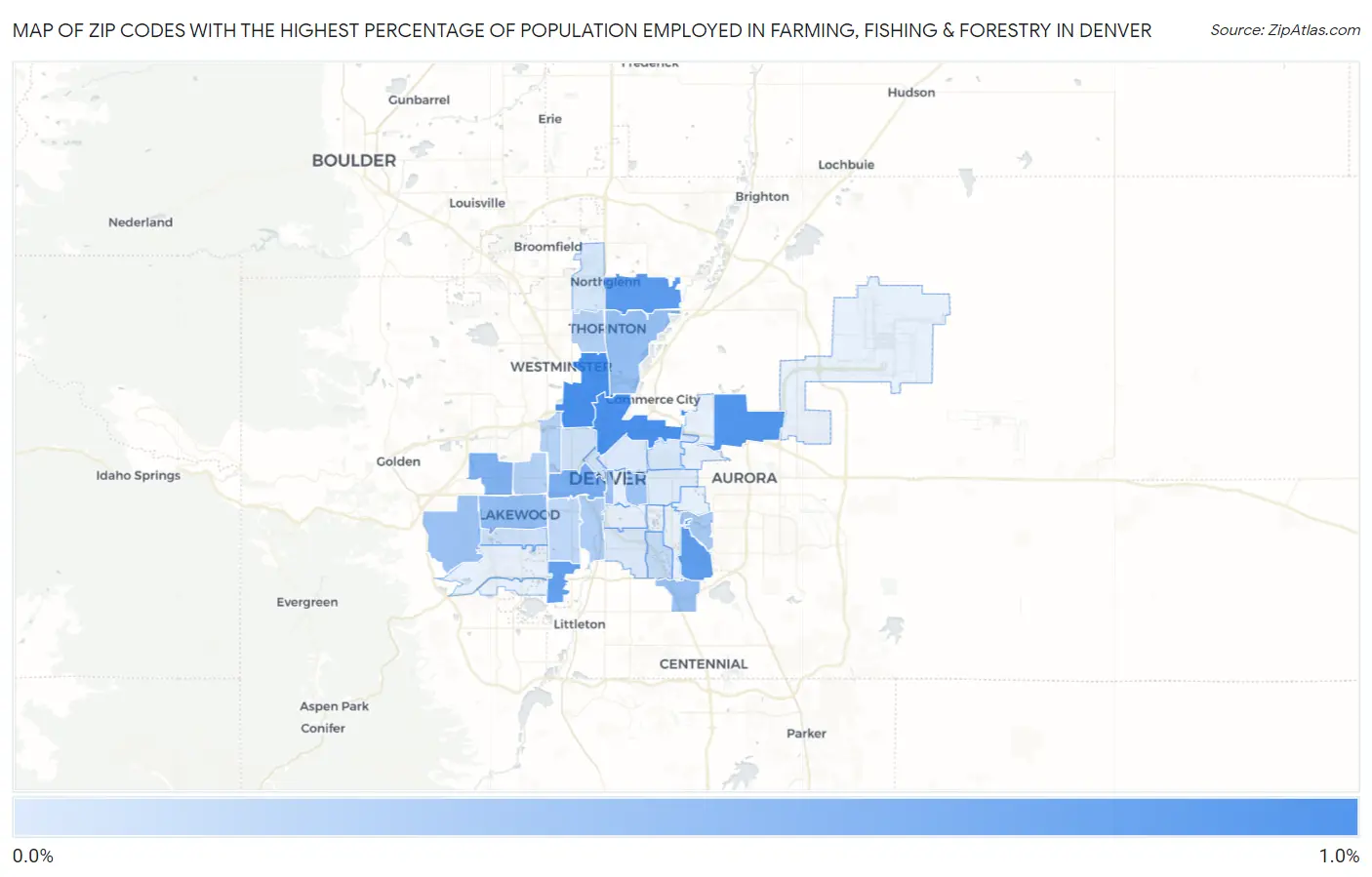 Zip Codes with the Highest Percentage of Population Employed in Farming, Fishing & Forestry in Denver Map
