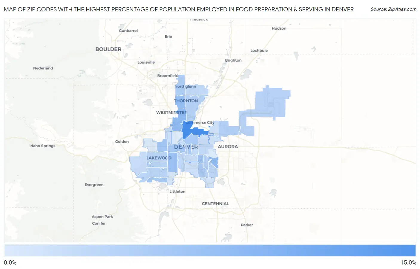 Zip Codes with the Highest Percentage of Population Employed in Food Preparation & Serving in Denver Map