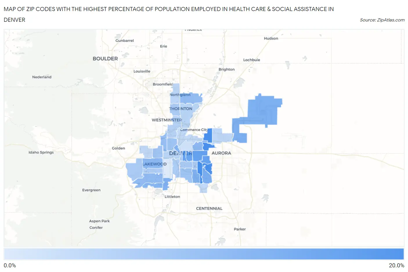 Zip Codes with the Highest Percentage of Population Employed in Health Care & Social Assistance in Denver Map