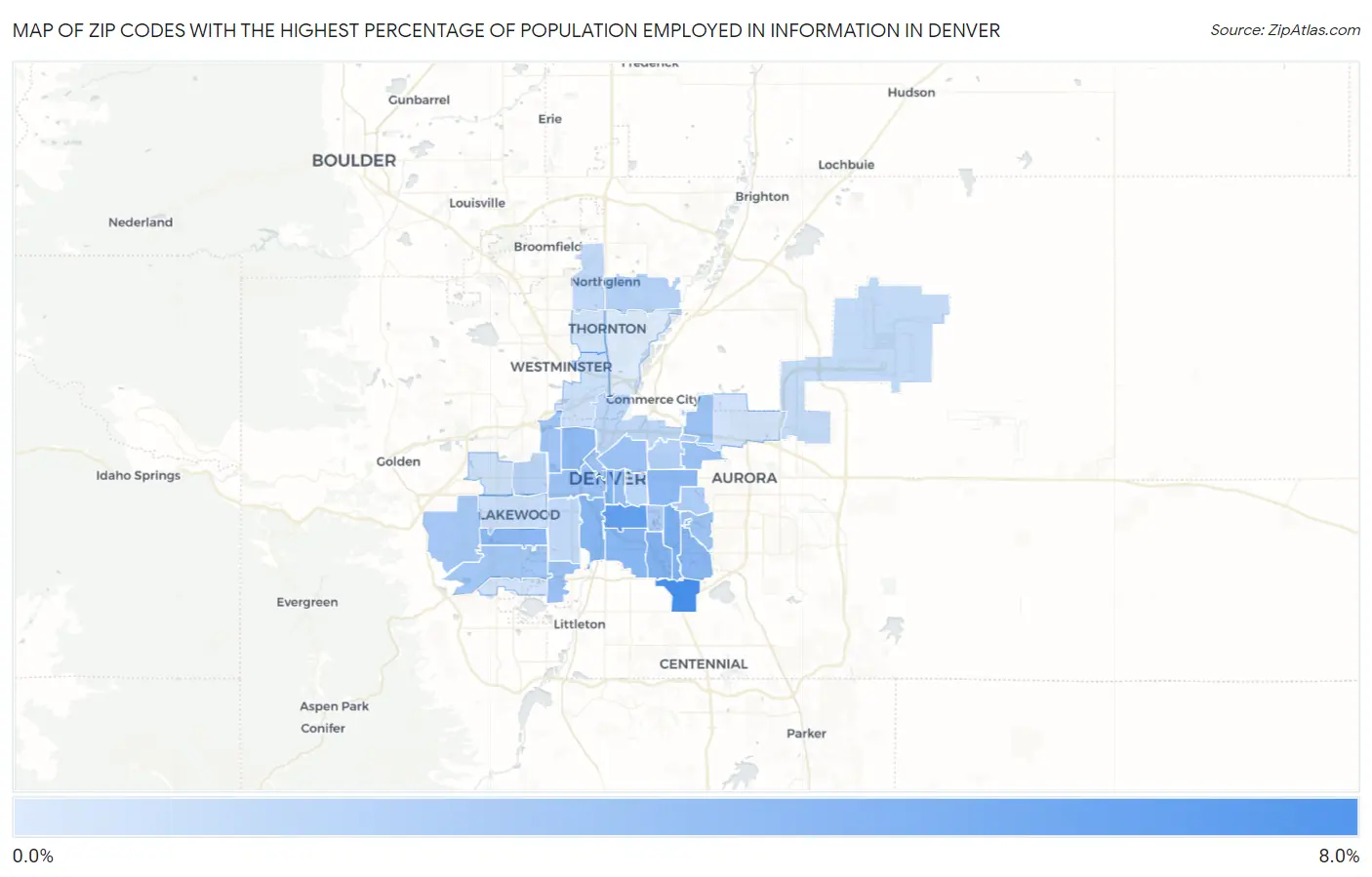 Zip Codes with the Highest Percentage of Population Employed in Information in Denver Map