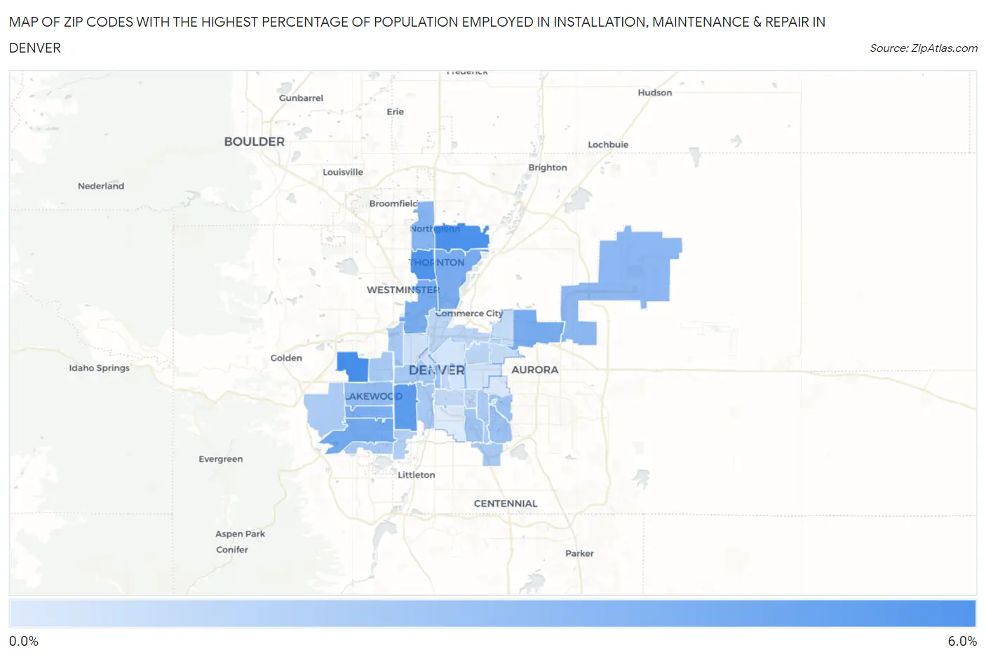 Zip Codes with the Highest Percentage of Population Employed in Installation, Maintenance & Repair in Denver Map