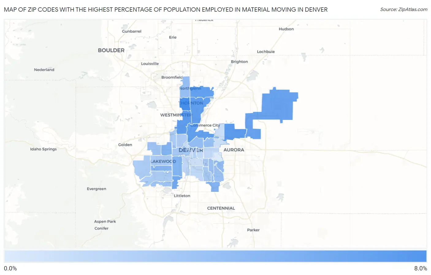 Zip Codes with the Highest Percentage of Population Employed in Material Moving in Denver Map