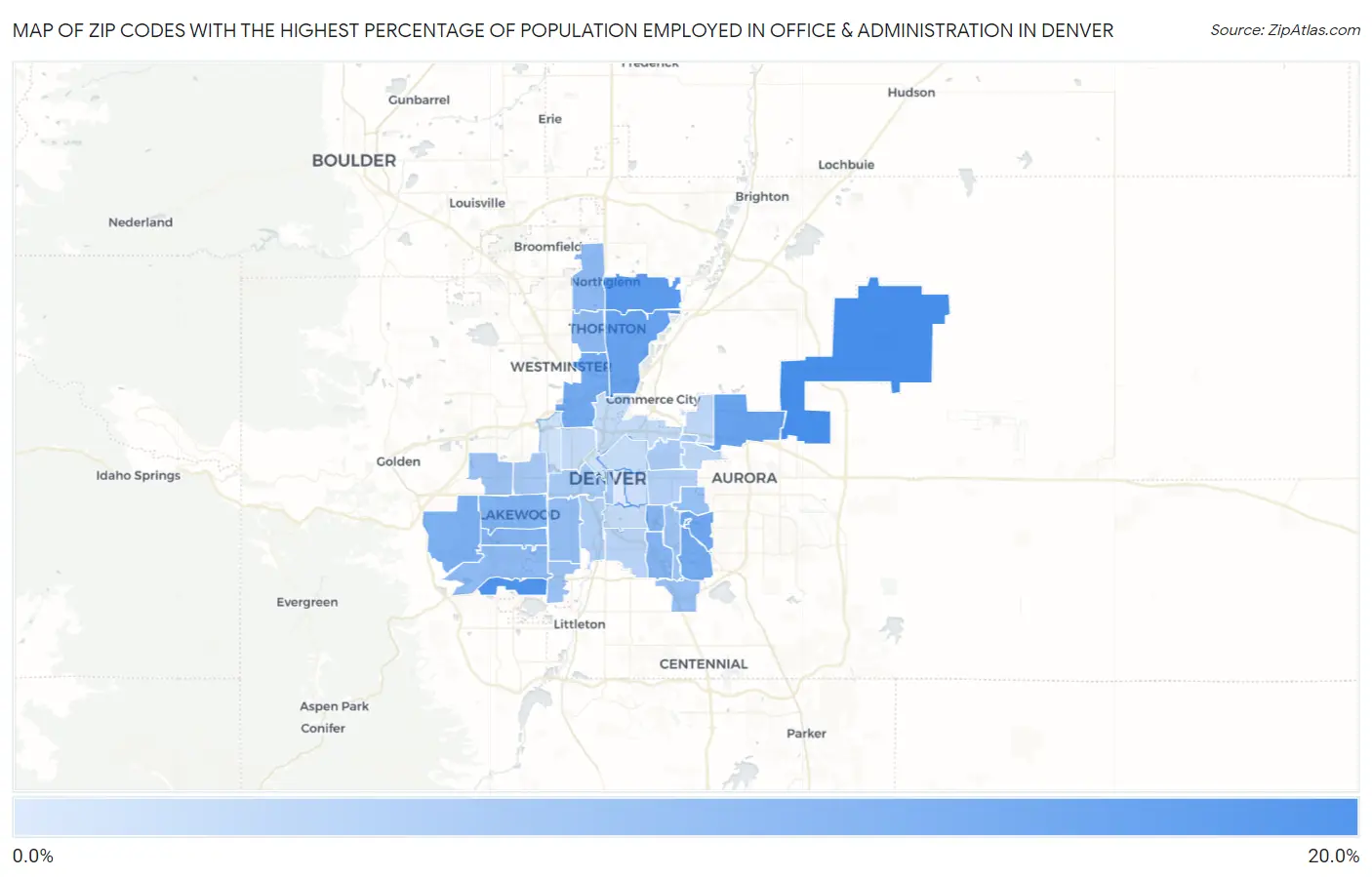 Zip Codes with the Highest Percentage of Population Employed in Office & Administration in Denver Map