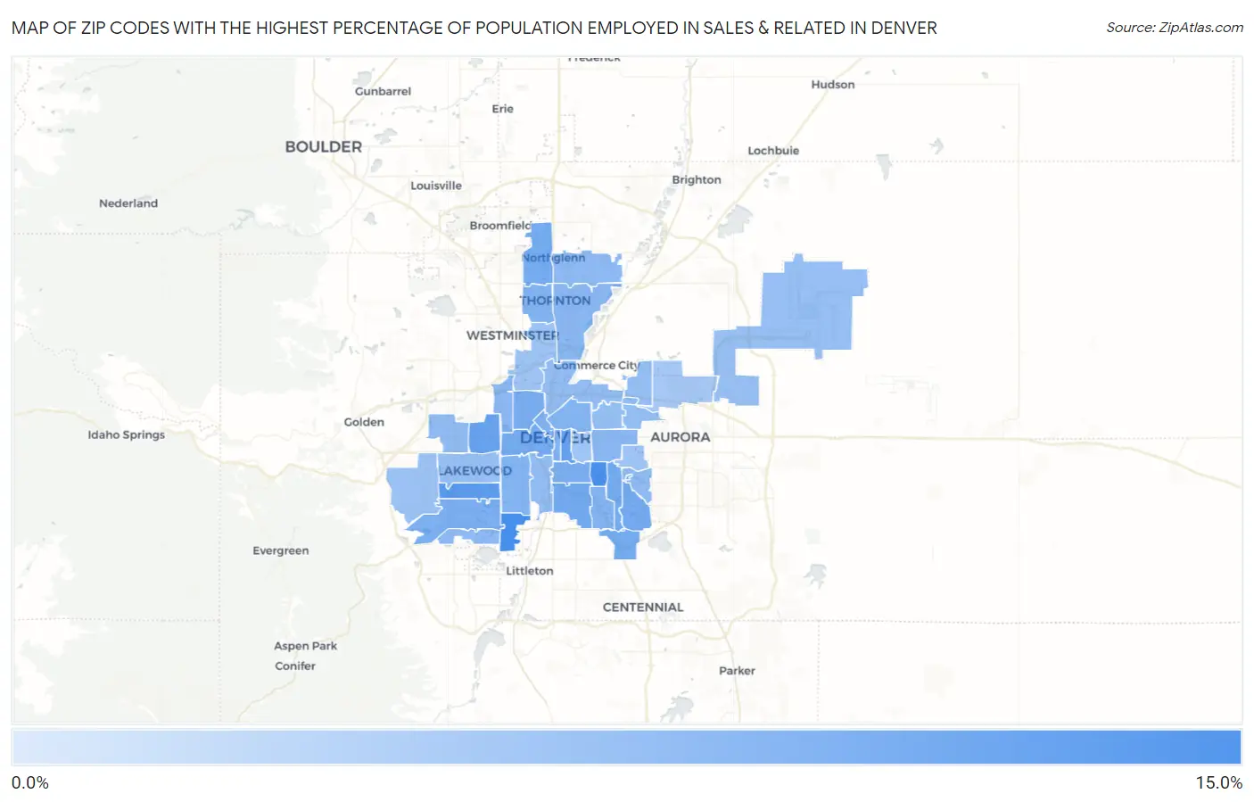Zip Codes with the Highest Percentage of Population Employed in Sales & Related in Denver Map