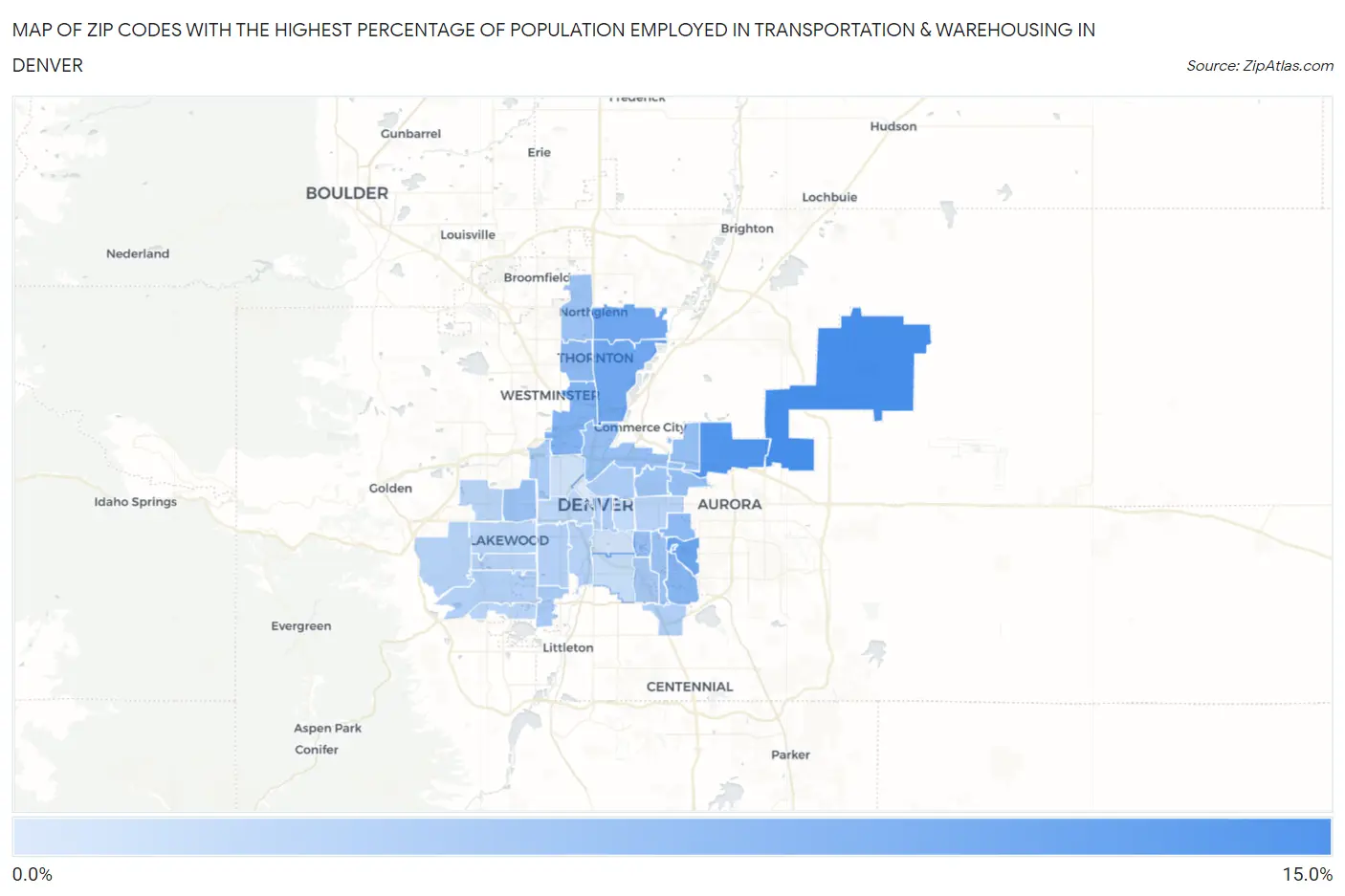 Zip Codes with the Highest Percentage of Population Employed in Transportation & Warehousing in Denver Map