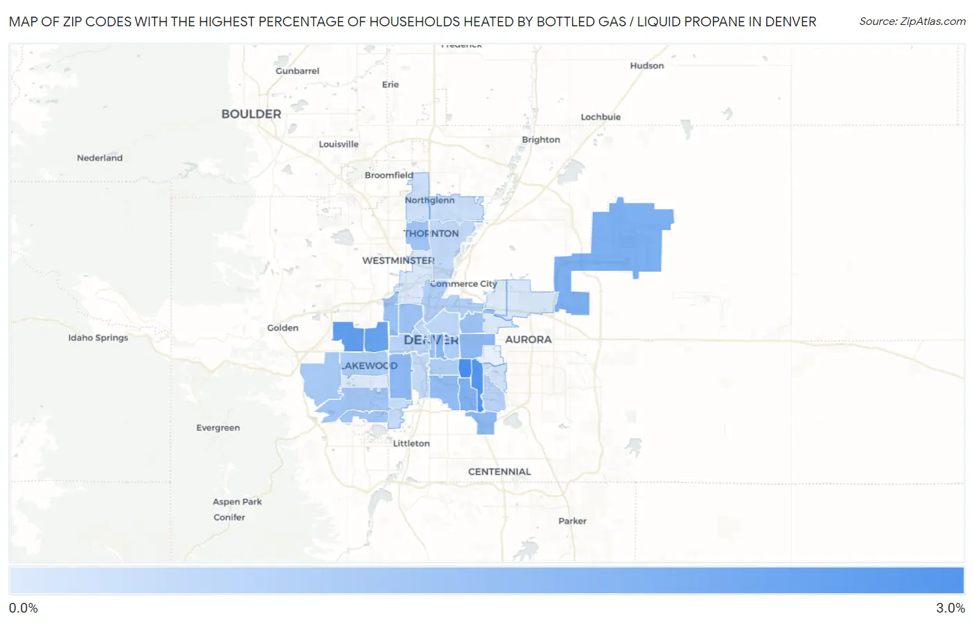 Zip Codes with the Highest Percentage of Households Heated by Bottled Gas / Liquid Propane in Denver Map