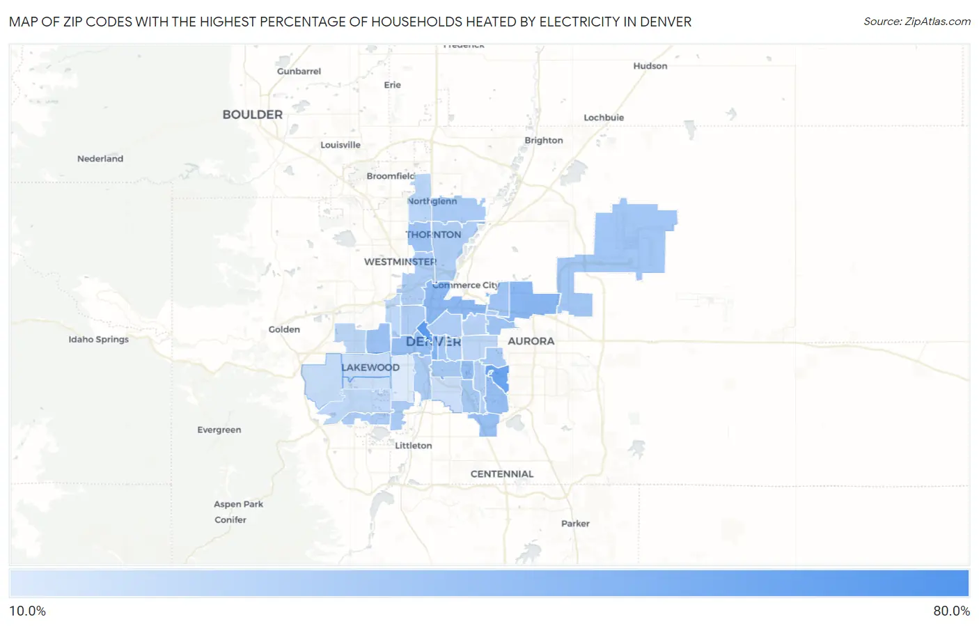 Zip Codes with the Highest Percentage of Households Heated by Electricity in Denver Map