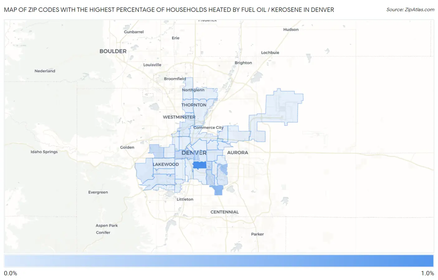 Zip Codes with the Highest Percentage of Households Heated by Fuel Oil / Kerosene in Denver Map