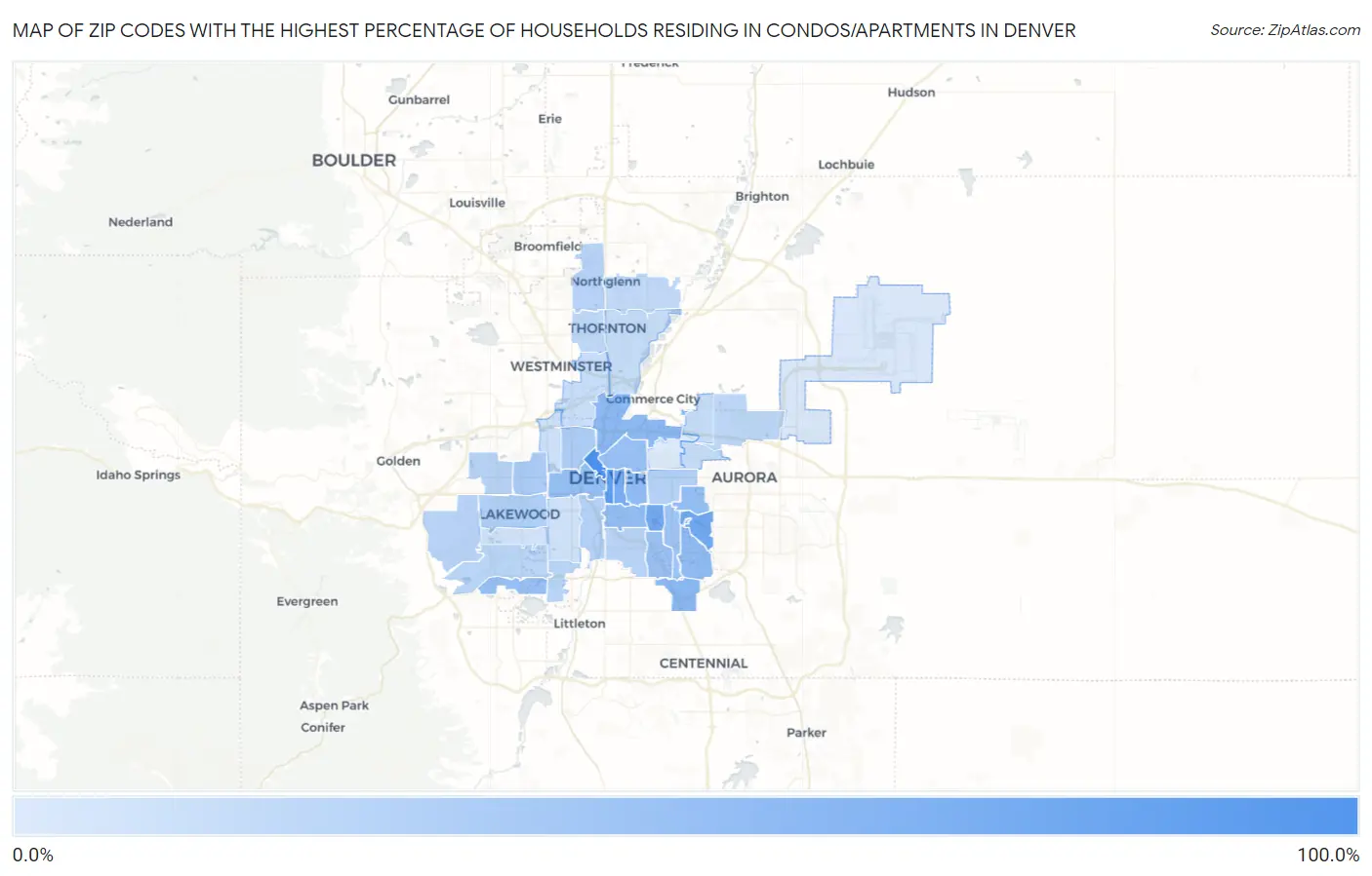 Zip Codes with the Highest Percentage of Households Residing in Condos/Apartments in Denver Map