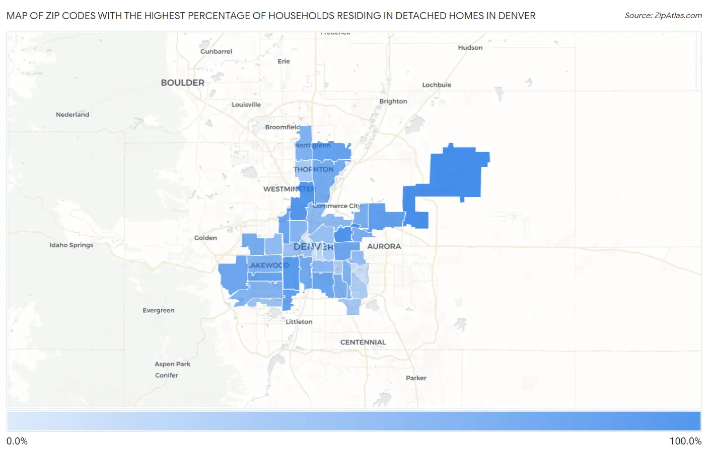 Zip Codes with the Highest Percentage of Households Residing in Detached Homes in Denver Map