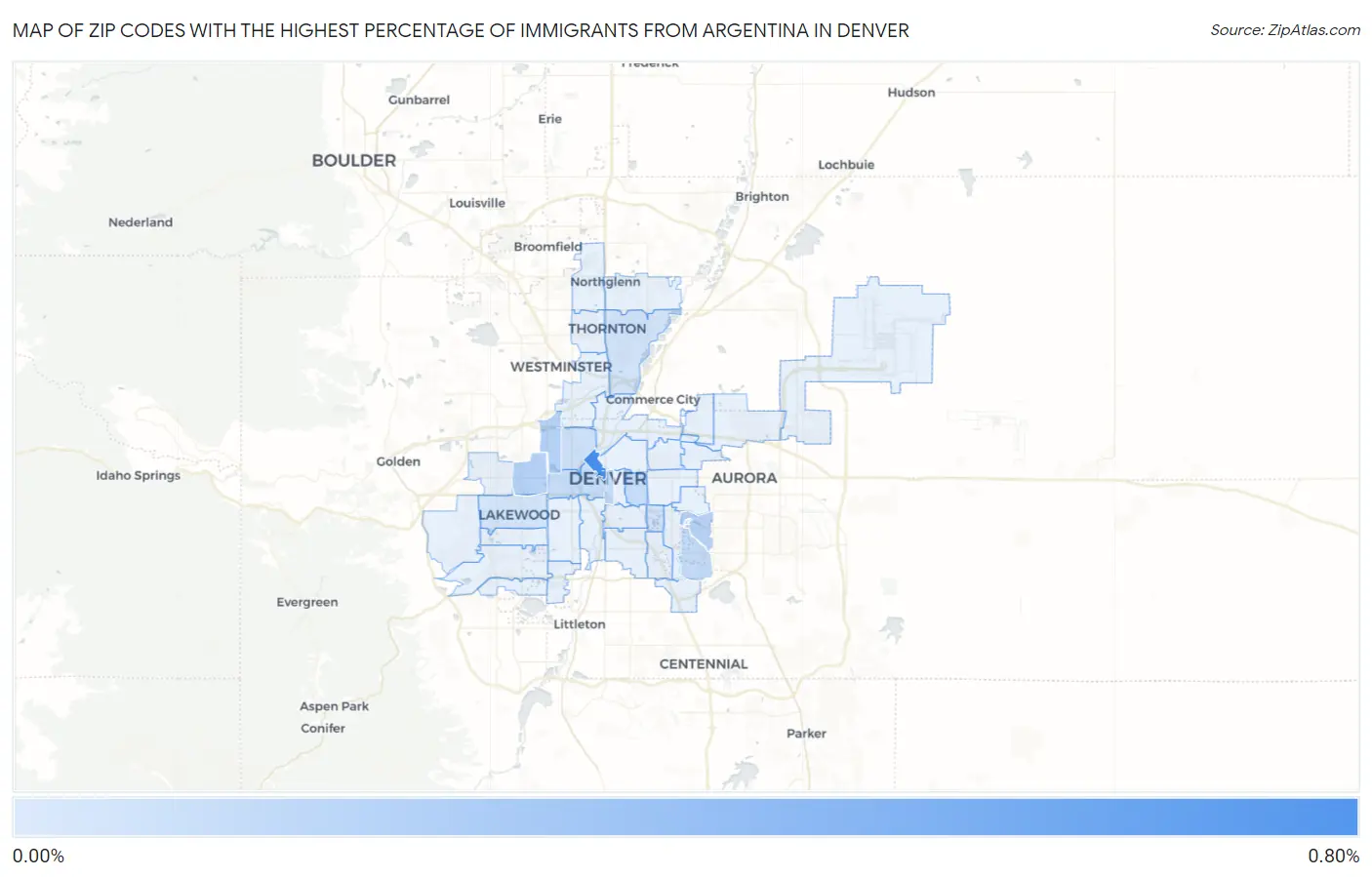 Zip Codes with the Highest Percentage of Immigrants from Argentina in Denver Map