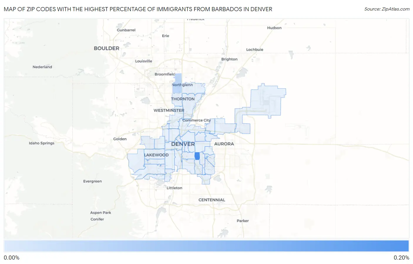 Zip Codes with the Highest Percentage of Immigrants from Barbados in Denver Map